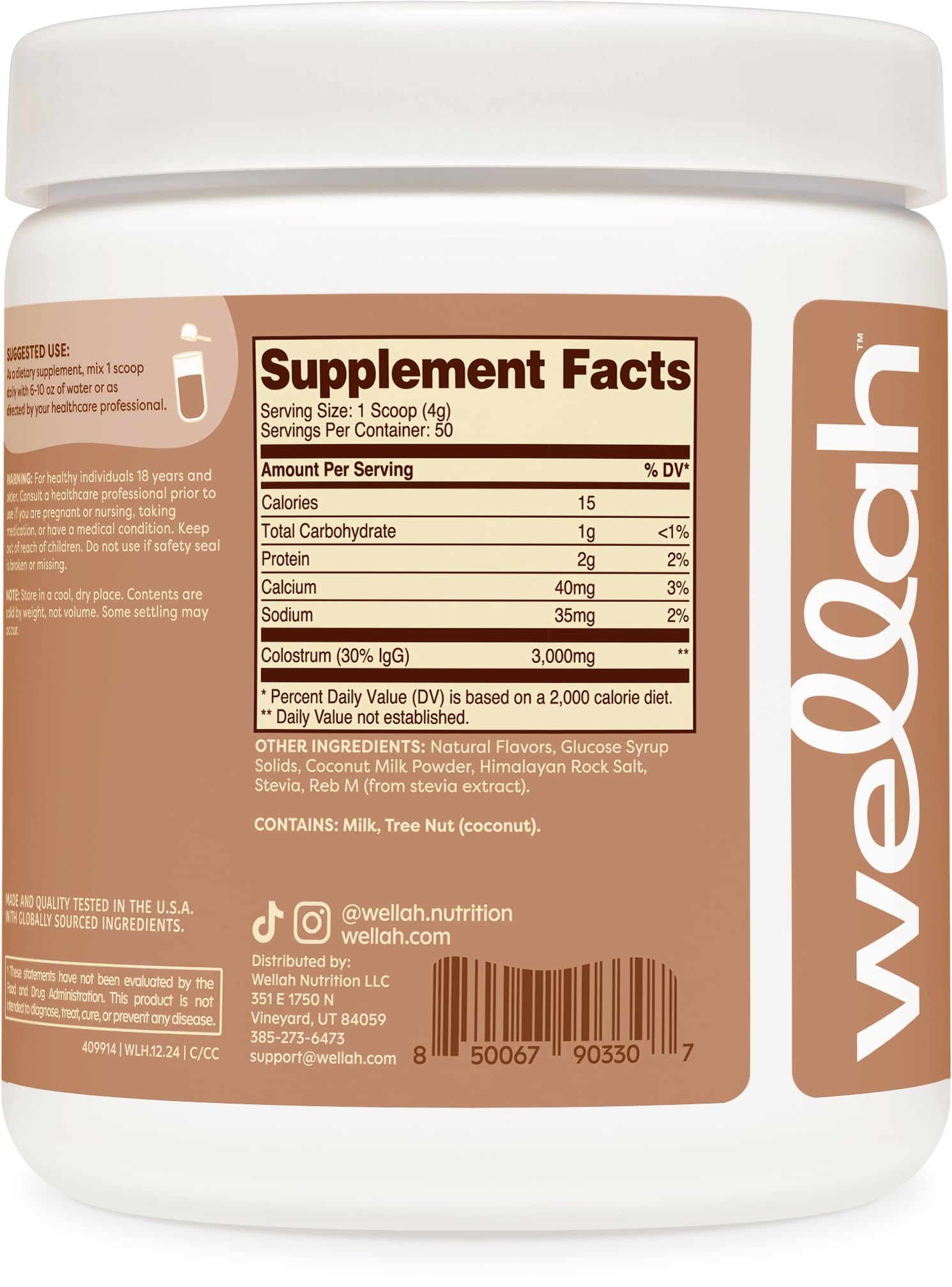 Wellah Colostrum crema de coco, endulzado con stevia, opción sin azúcar.