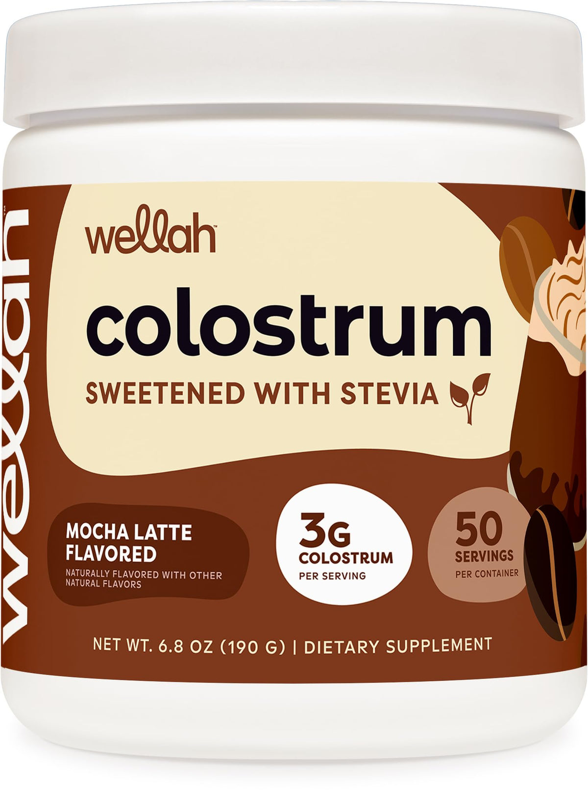 Wellah Colostrum Mocha Latte, bote compacto para uso diario.