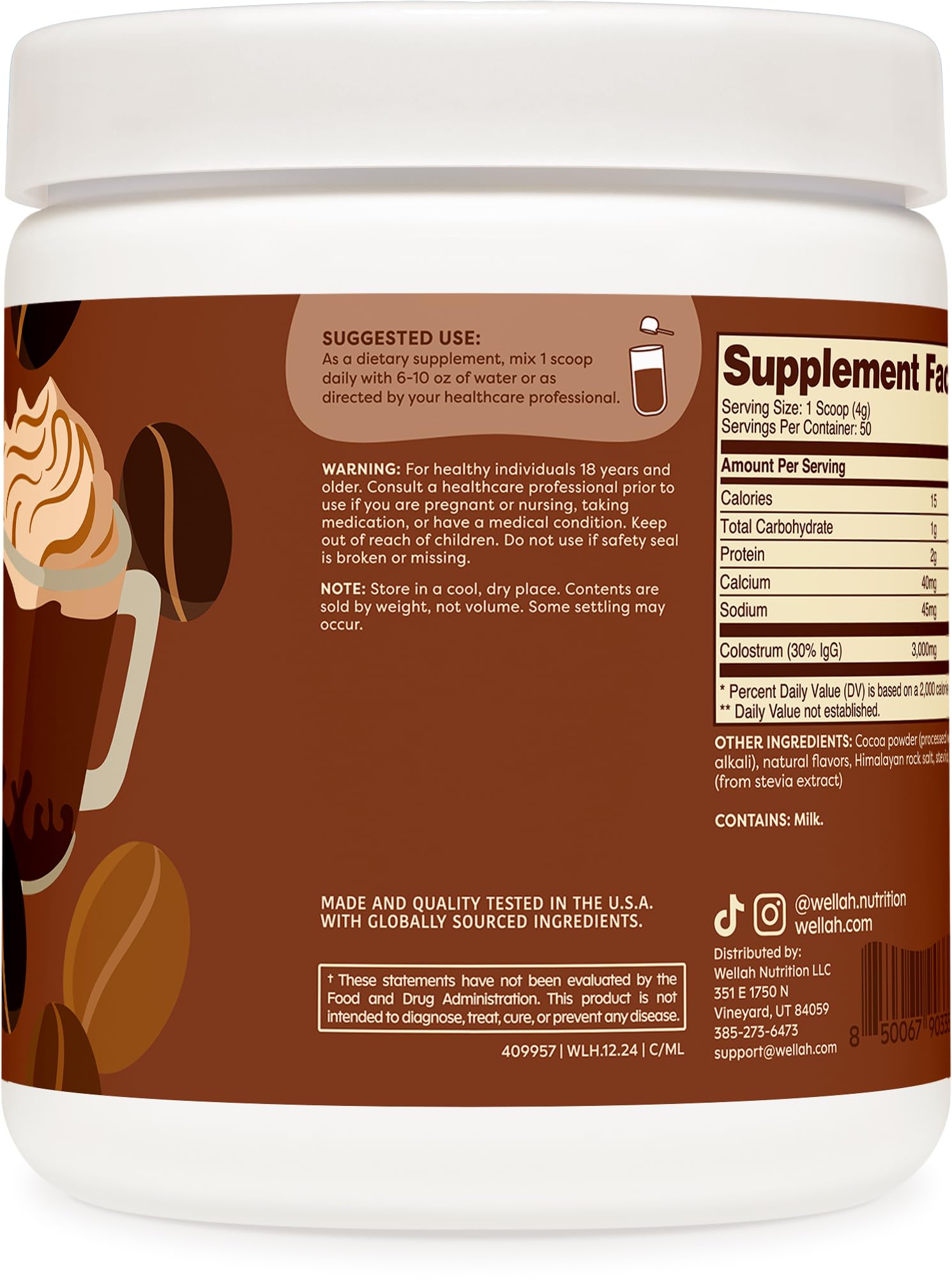 Cuchara medidora de Wellah Colostrum Mocha Latte para porciones precisas.