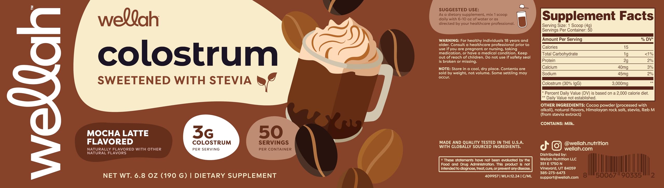 Envase de Wellah Colostrum Mocha Latte con diseño práctico.