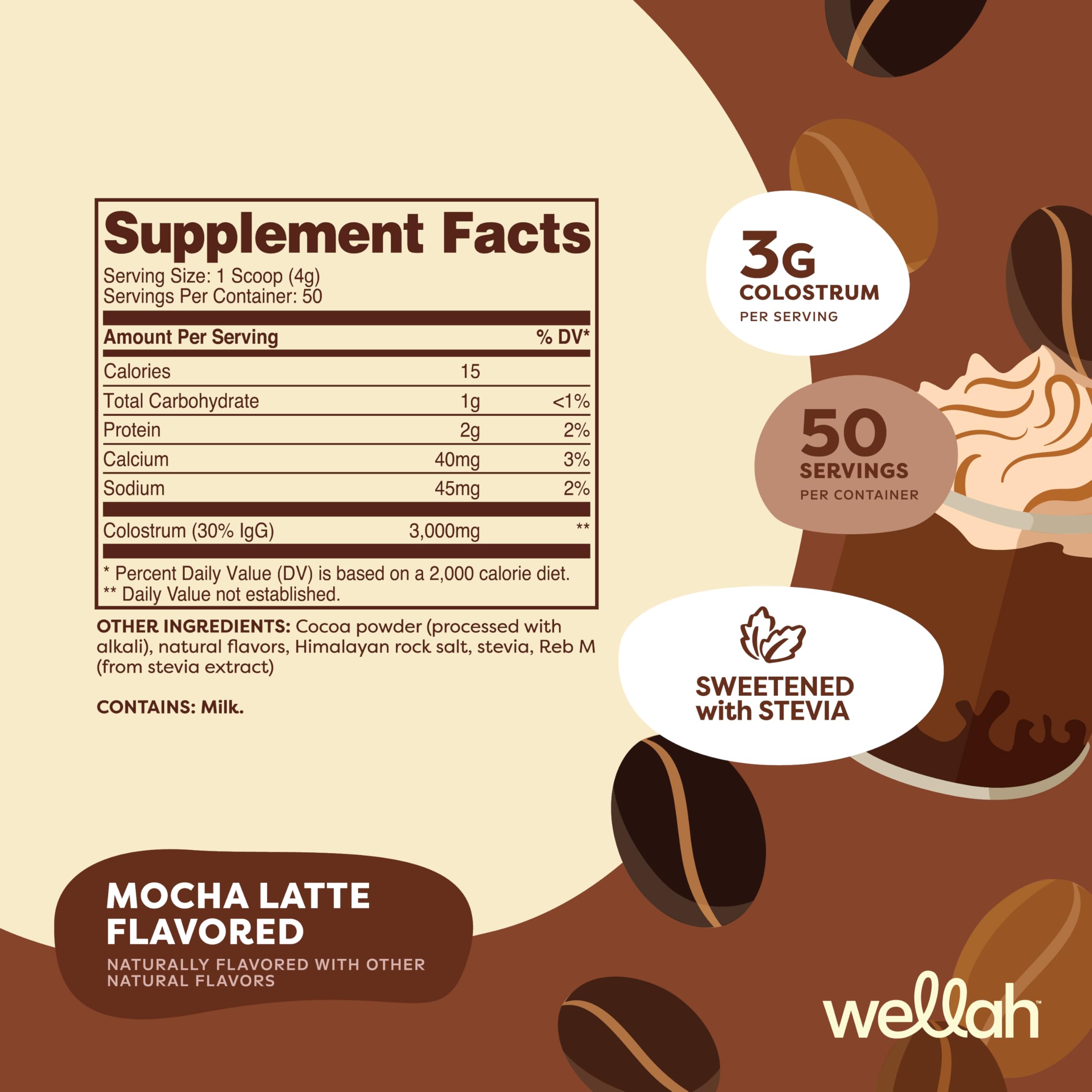 Wellah Colostrum Mocha Latte, porciones 50 para rutina diaria.