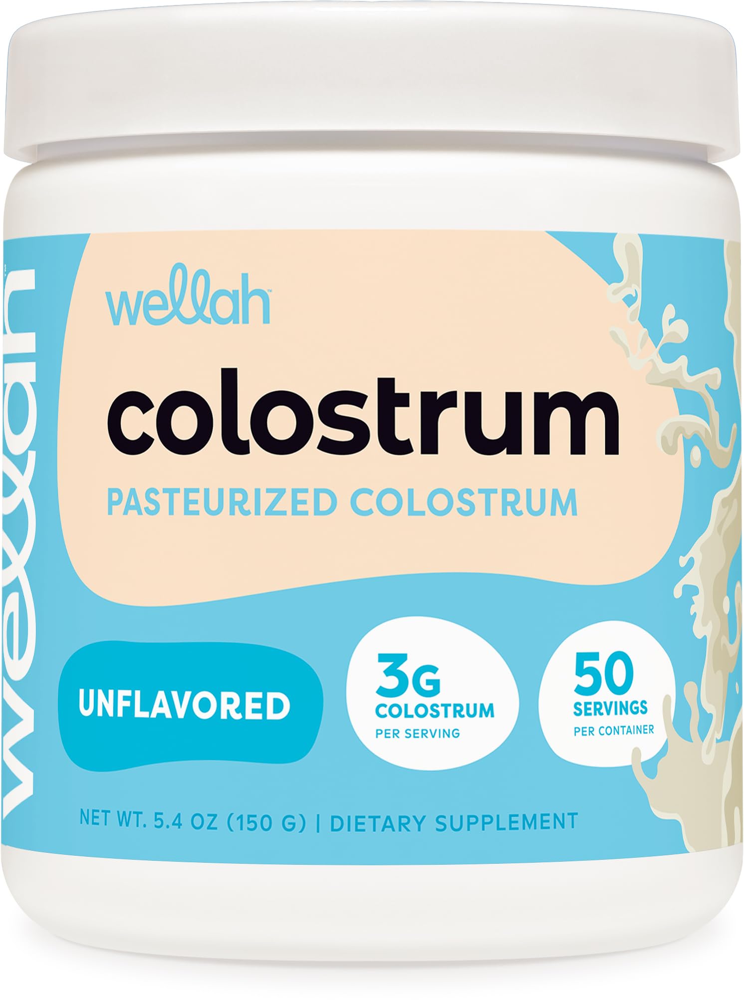 Wellah Colostrum sin sabor en frasco, ideal para la rutina diaria.