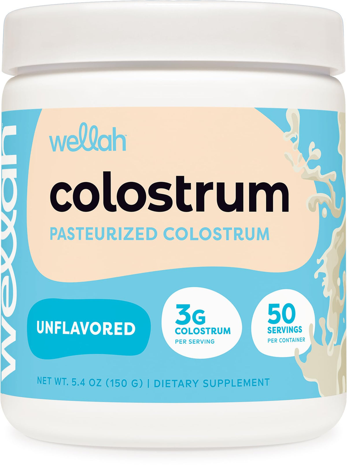 Wellah Colostrum sin sabor en frasco, ideal para la rutina diaria.
