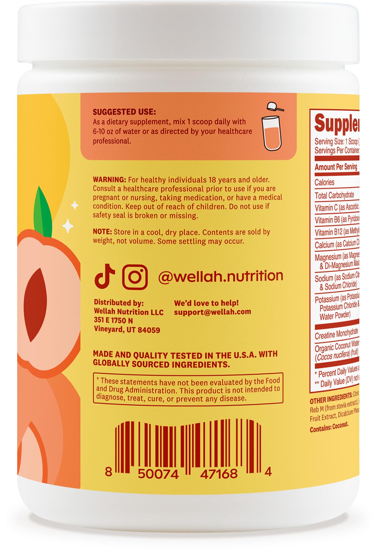 Vaso con Wellah Creatina y Electrolitos, sabor durazno mango, refrescante durante el entrenamiento