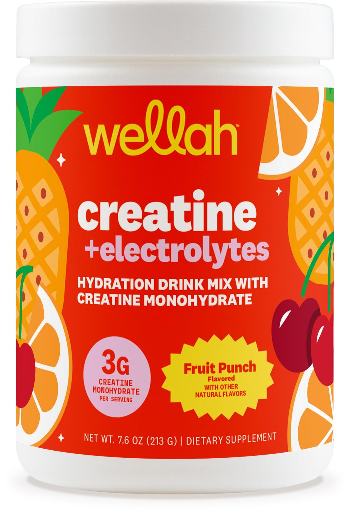 Wellah Creatina y Electrolitos Fruta Tropical, bote con 30 porciones para hidratación y energía.