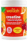 Wellah Creatina y Electrolitos Fruta Tropical, bote con 30 porciones para hidratación y energía.