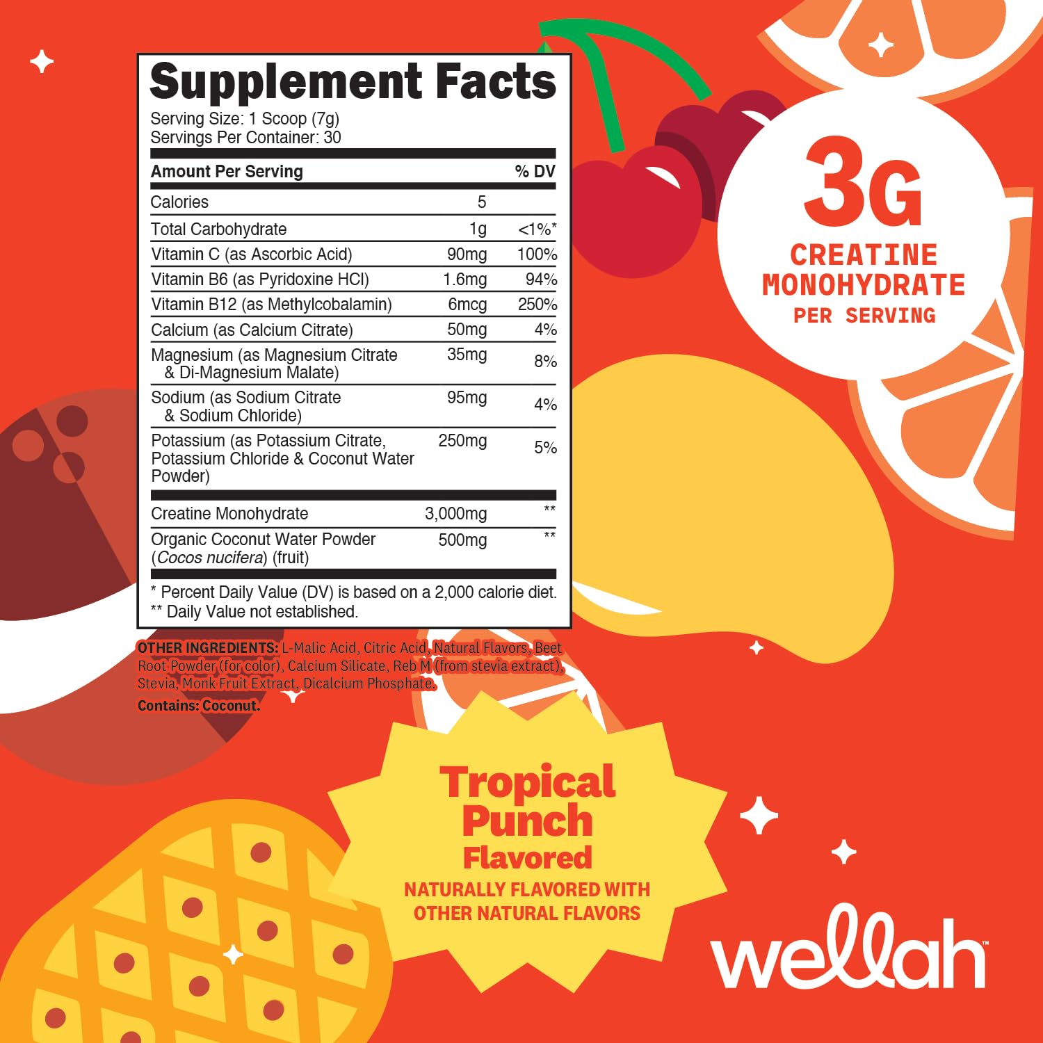 Wellah Creatina y Electrolitos Fruta Tropical, medidor incluido para dosis precisa.