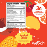 Wellah Creatina y Electrolitos Fruta Tropical, medidor incluido para dosis precisa.