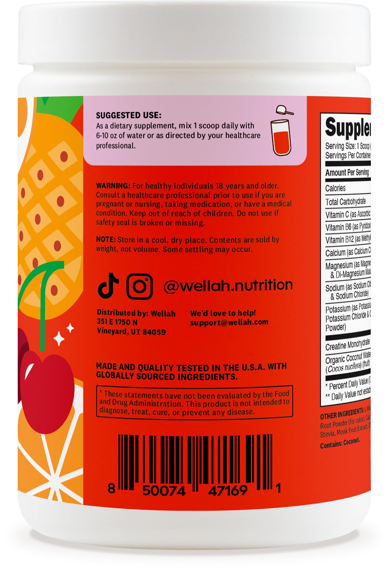Wellah Creatina y Electrolitos Fruta Tropical, mezcla fácil para beber.