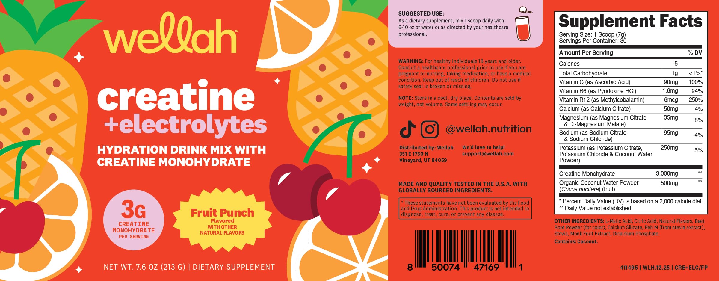 Wellah Creatina y Electrolitos Fruta Tropical, sabor agradable para una experiencia de consumo.