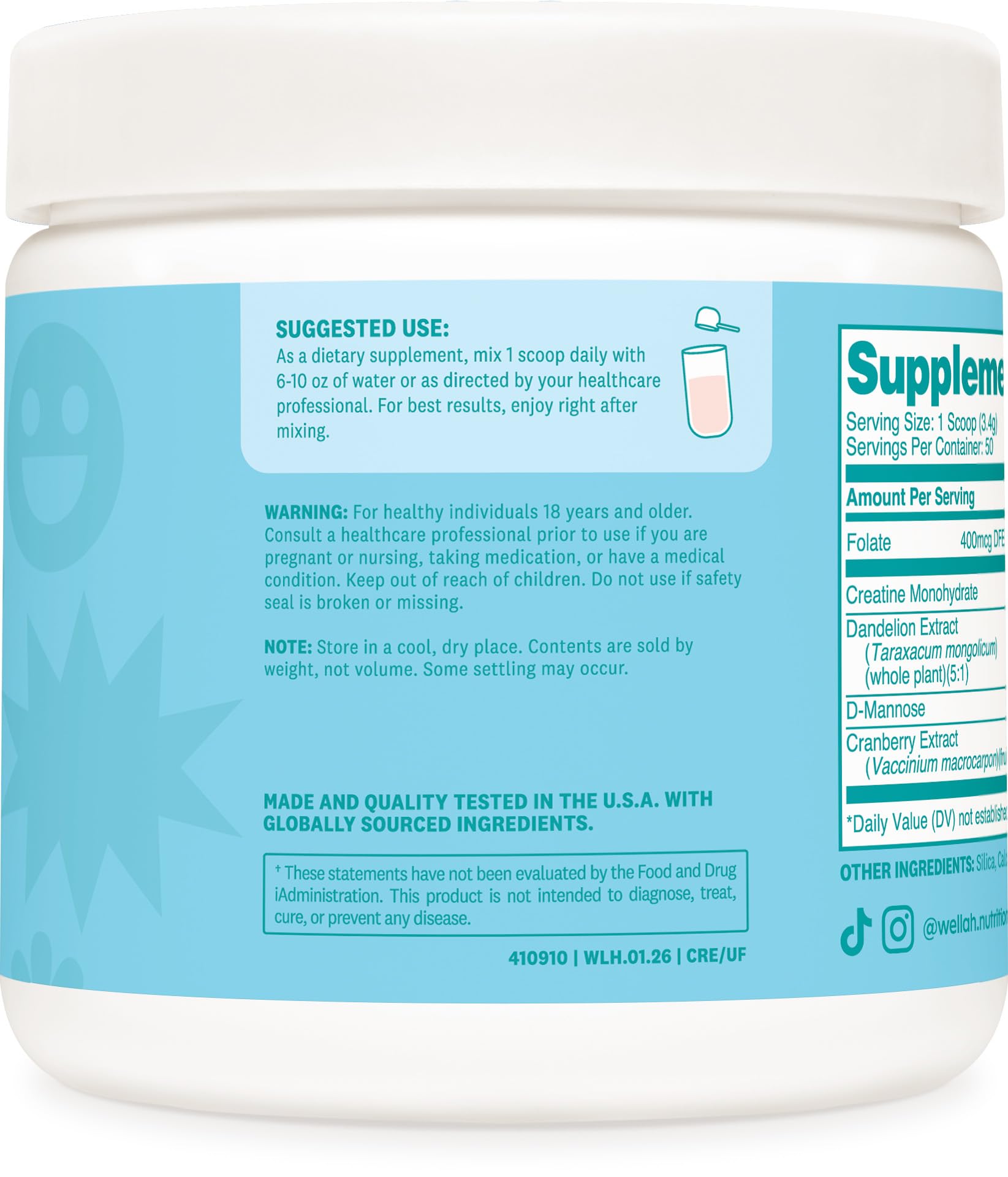 Etiqueta de Wellah Creatina con ingredientes naturales y pruebas de calidad.