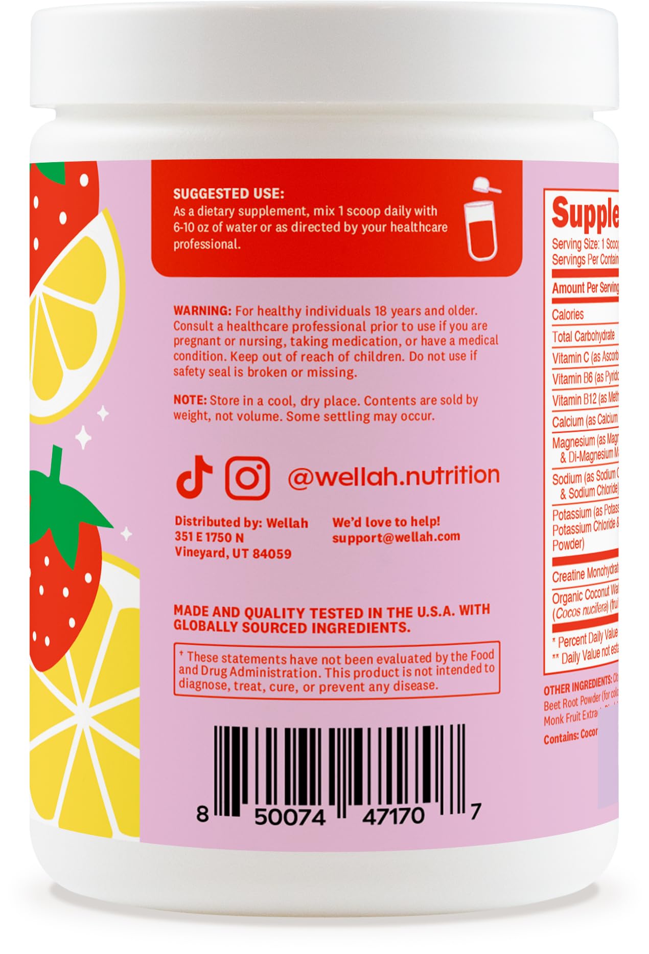 Wellah Creatine + Electrolytes: bebida fría de fresa limón para energía.
