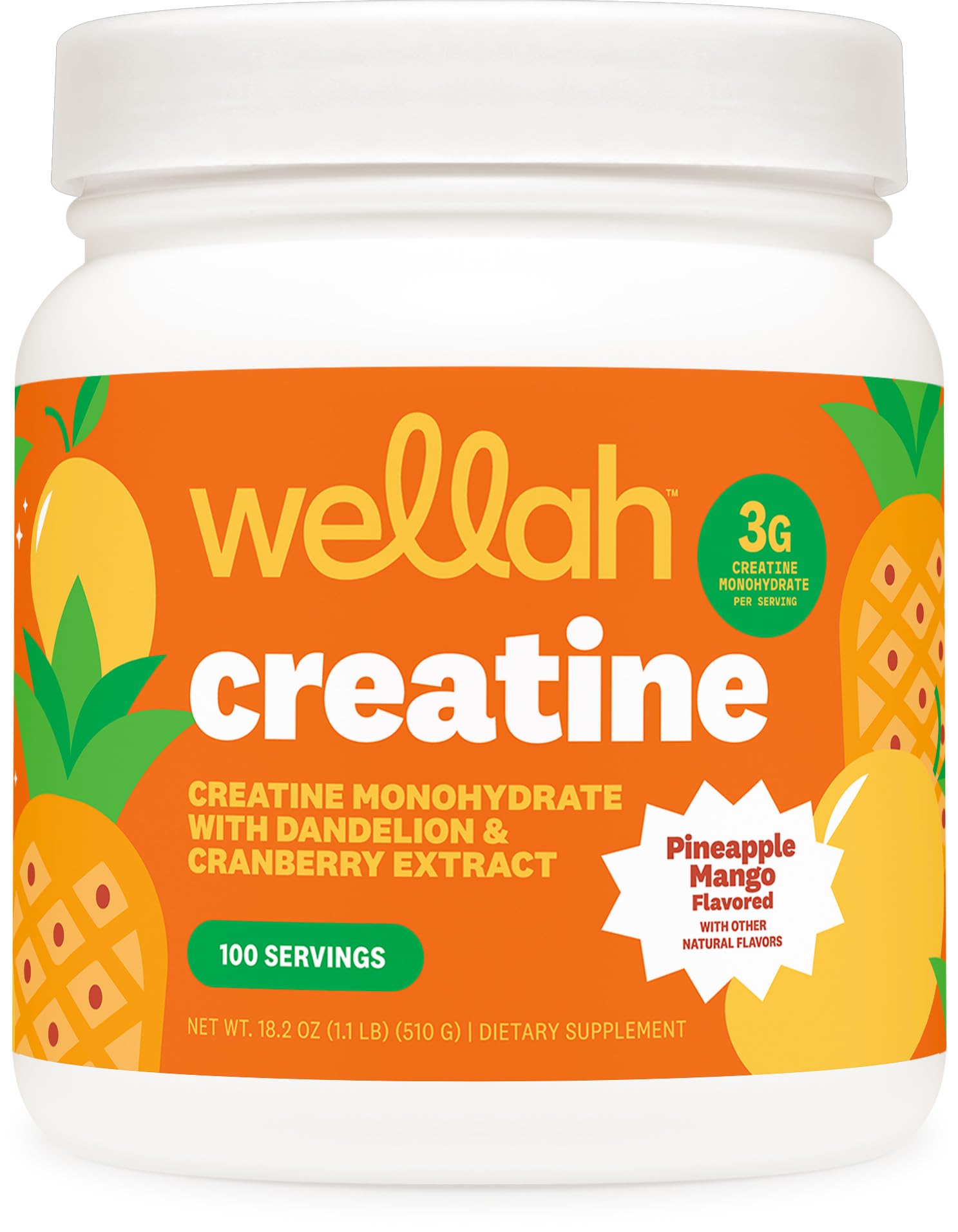 Wellah Creatine para mujeres, botella Piña Mango, sabor ideal para entrenamientos diarios.
