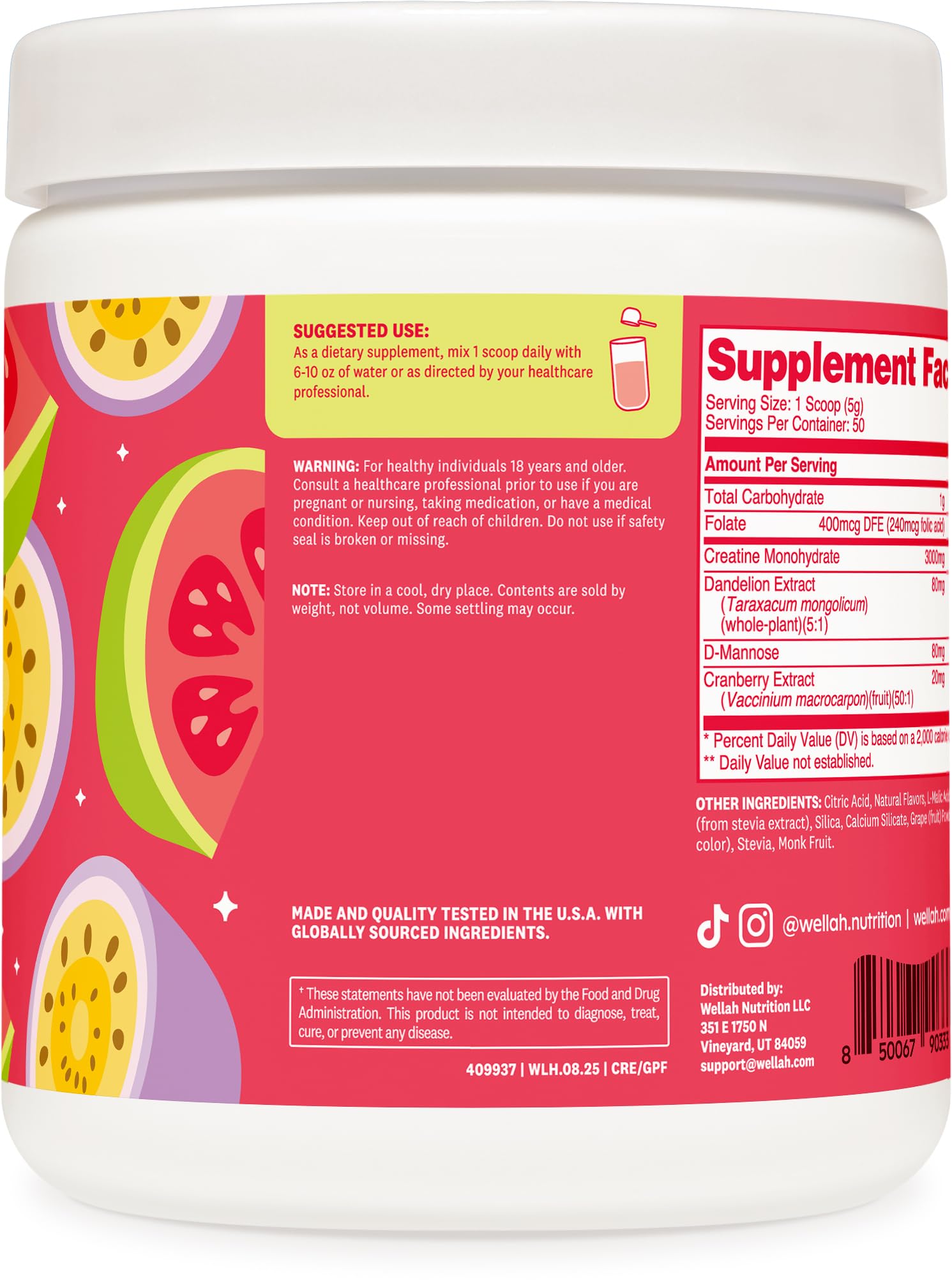 Wellah Creatine para Mujeres, diente de león y arándano, apoyo natural para días activos.