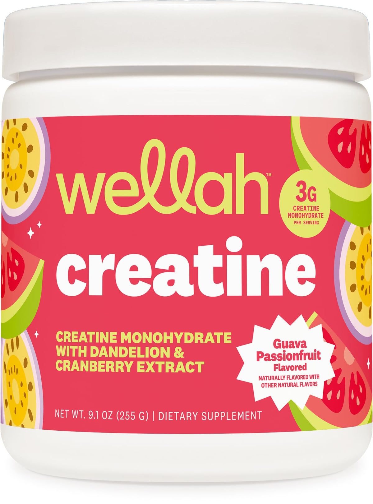 Wellah Creatine para Mujeres, envase guayaba-maracuyá, sabor fresco para entrenamientos.