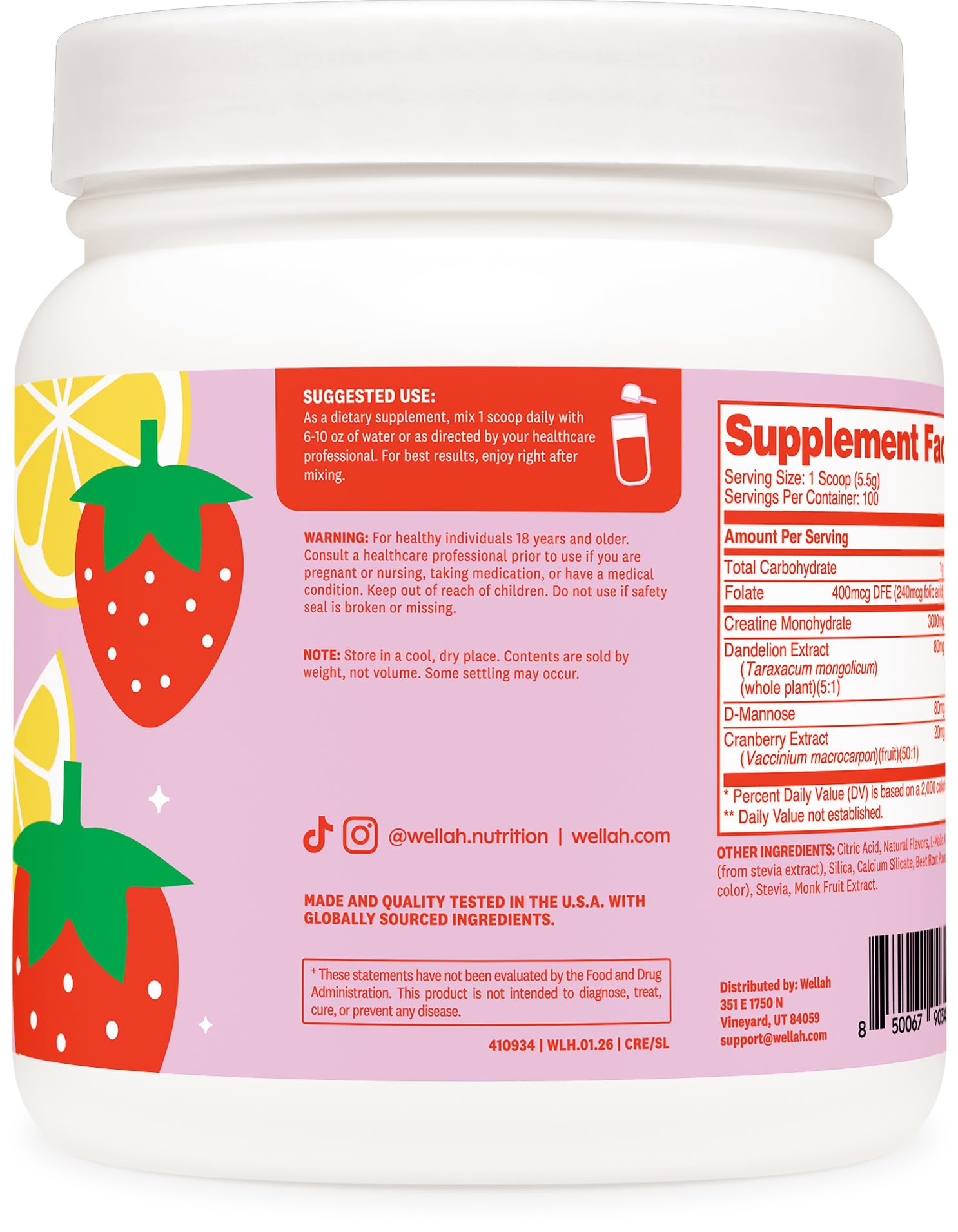 Wellah Creatine para Mujeres, etiqueta nutricional clara, ayuda a comparar ingredientes.