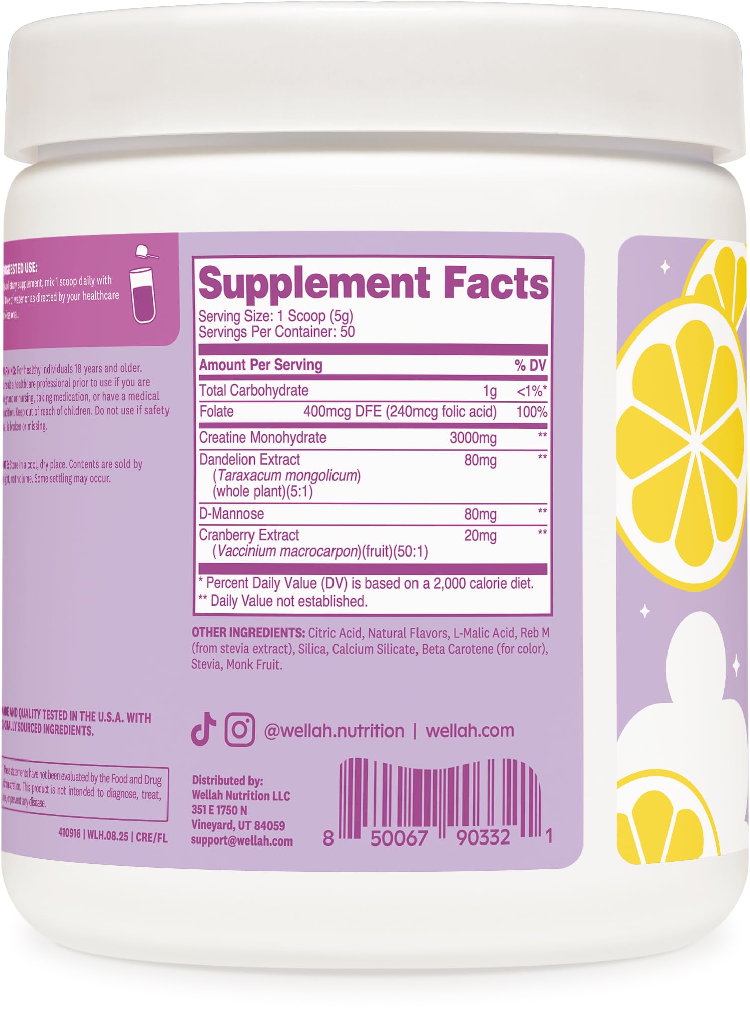 Wellah Creatine para mujeres, extractos de diente de león y arándano para apoyo natural.