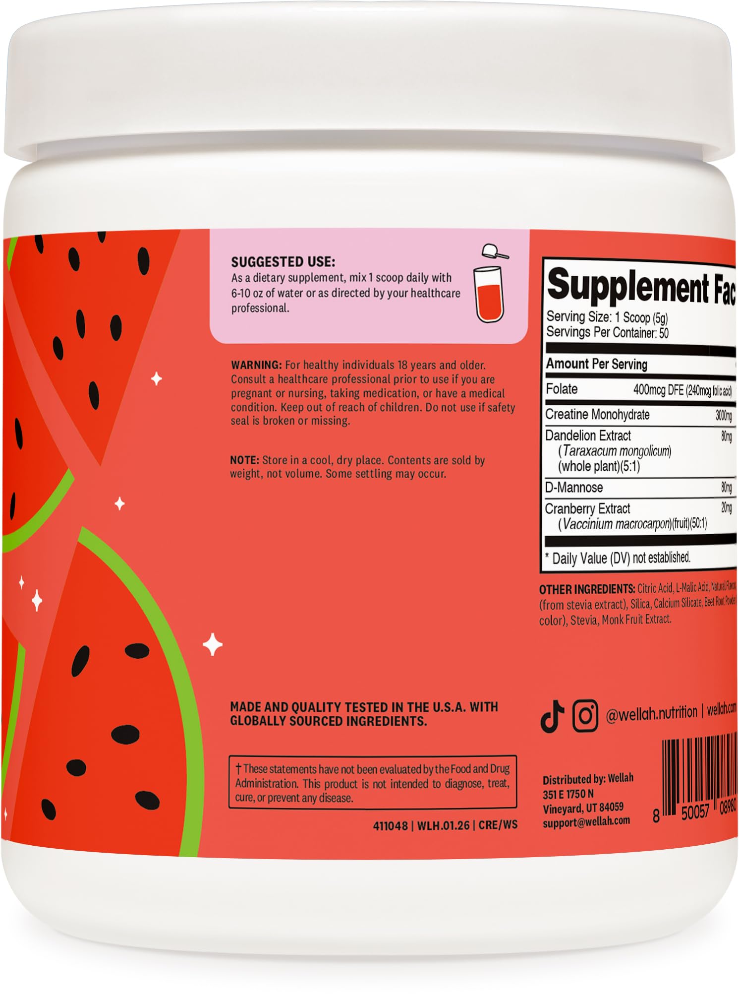 Wellah Creatine lista para mezclar en agua fría tras el entrenamiento.