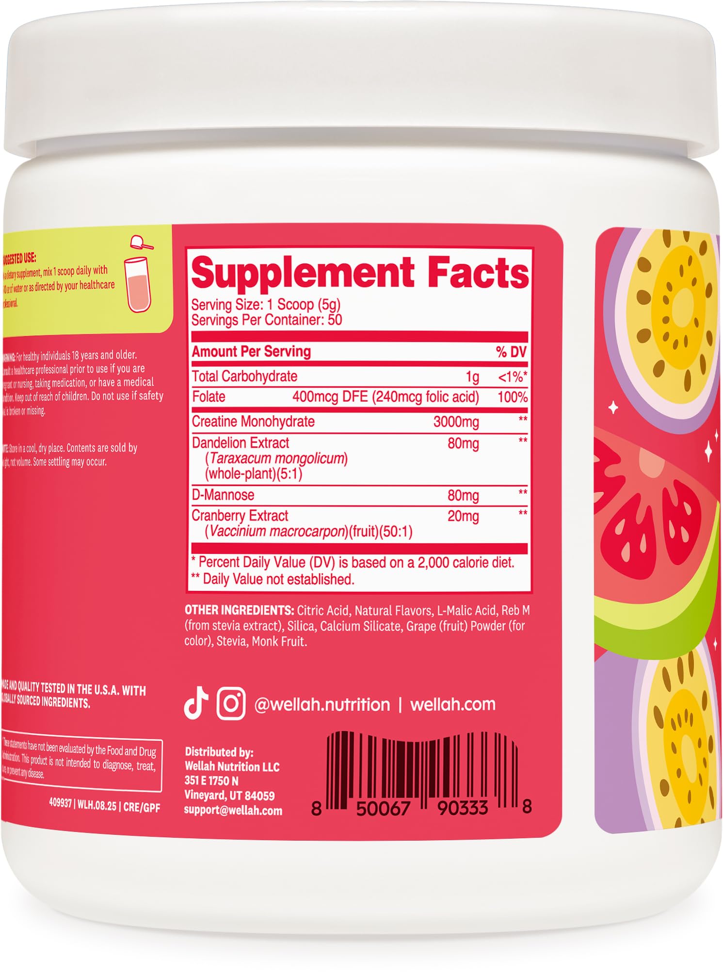 Wellah Creatine para Mujeres, servicio guayaba-maracuyá, sabor agradable para entrenamientos.