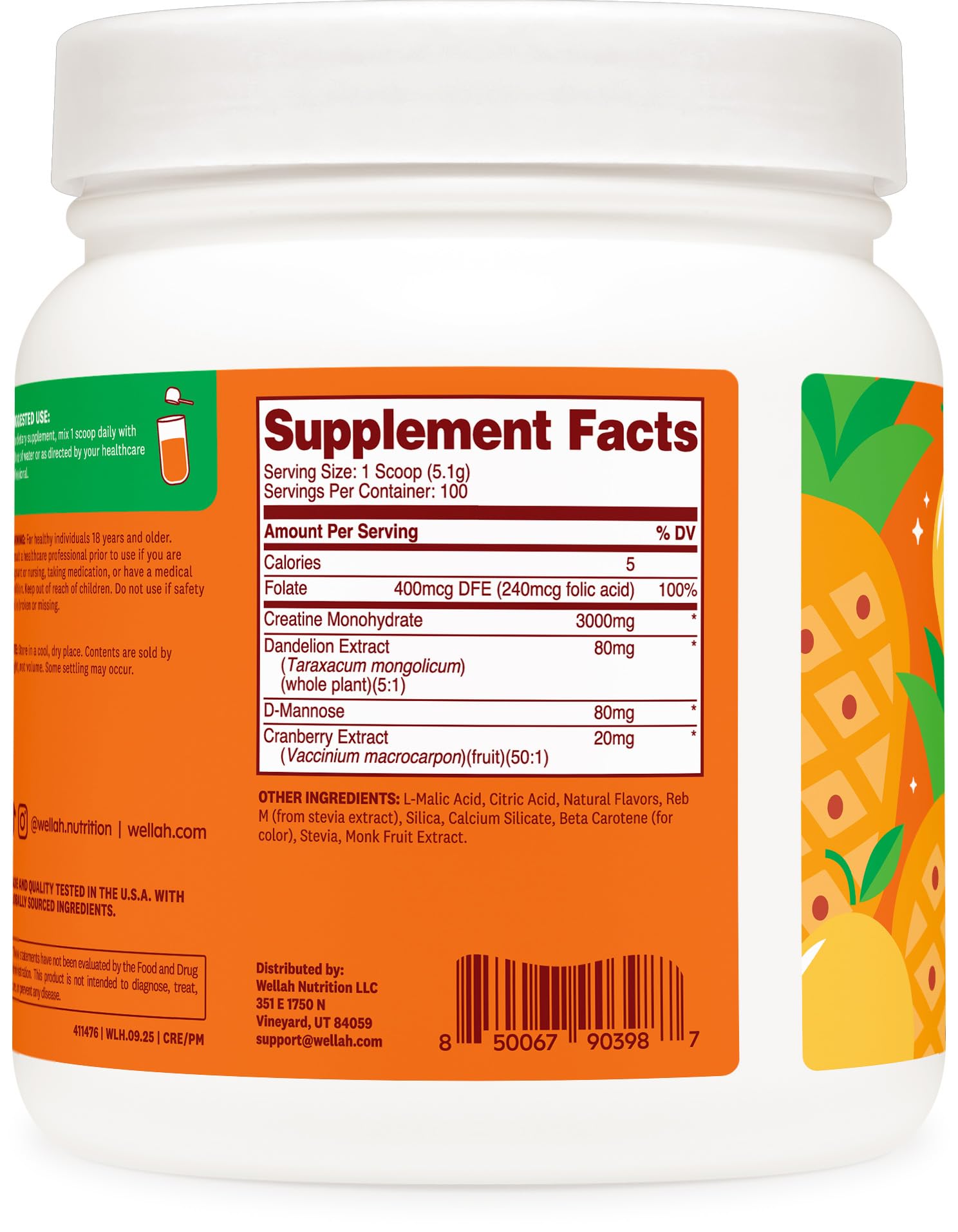 Wellah Creatine sabor Piña Mango, perfecto para batidos durante el entrenamiento.