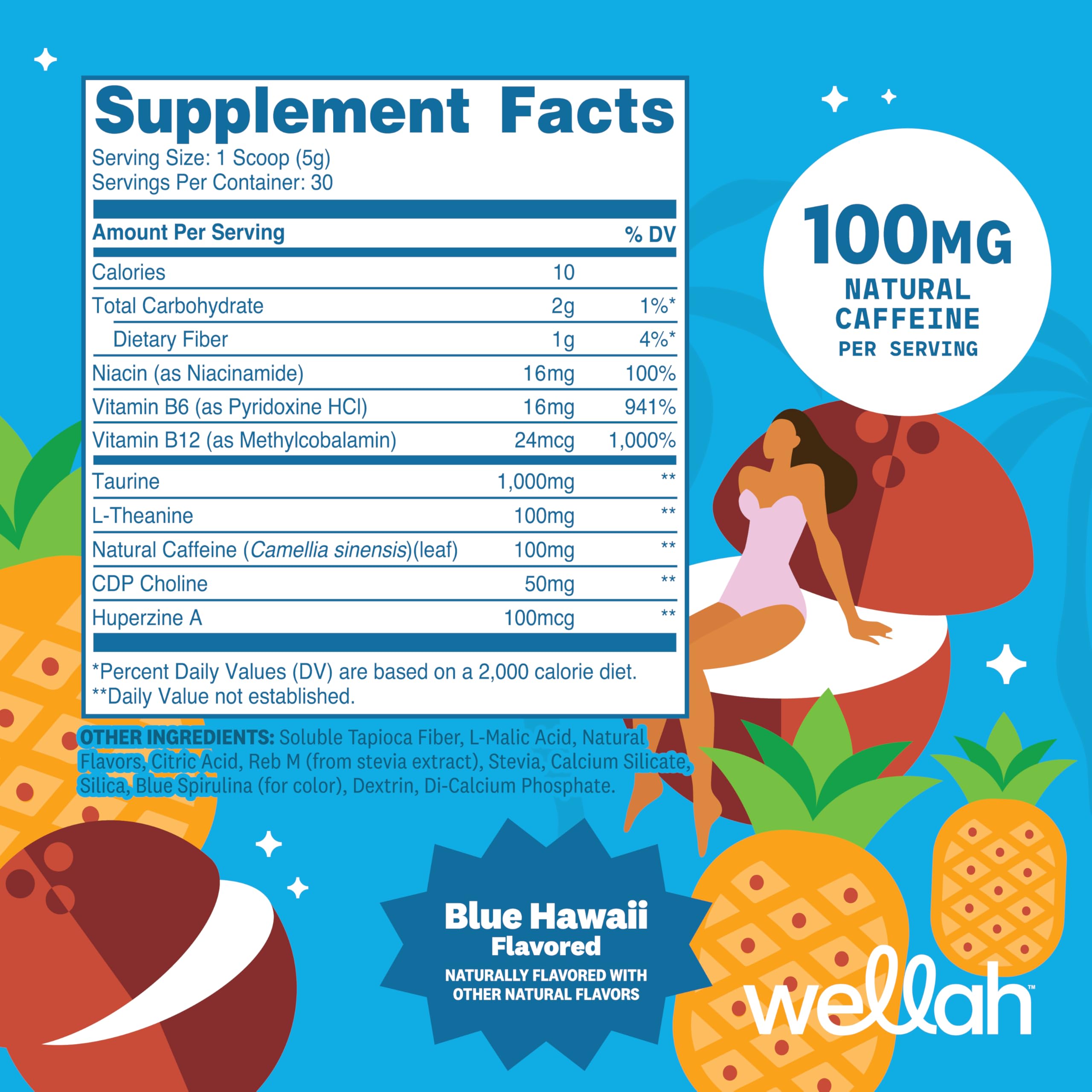Wellah Energy Powder Blue Hawaii, cucharita de medida para porciones precisas.