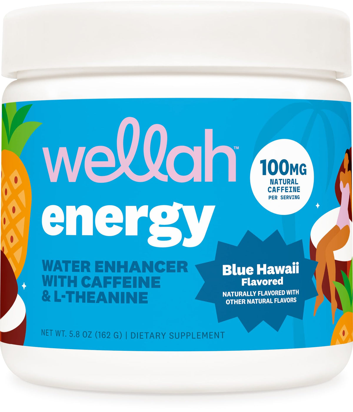 Wellah Energy Powder Blue Hawaii envase, energía para comenzar el día.