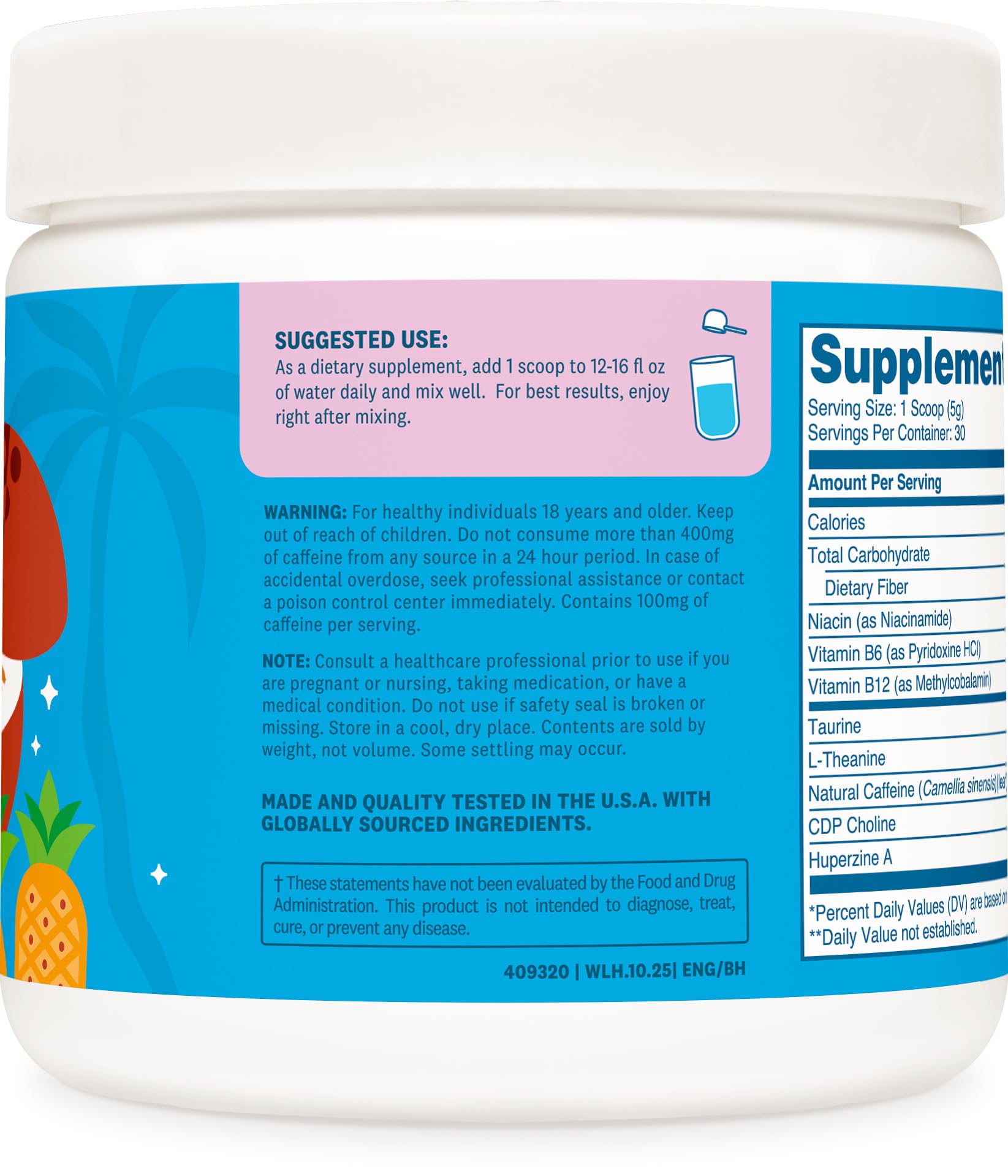 Wellah Energy Powder Blue Hawaii, mezcla en agua con sabor tropical refrescante.