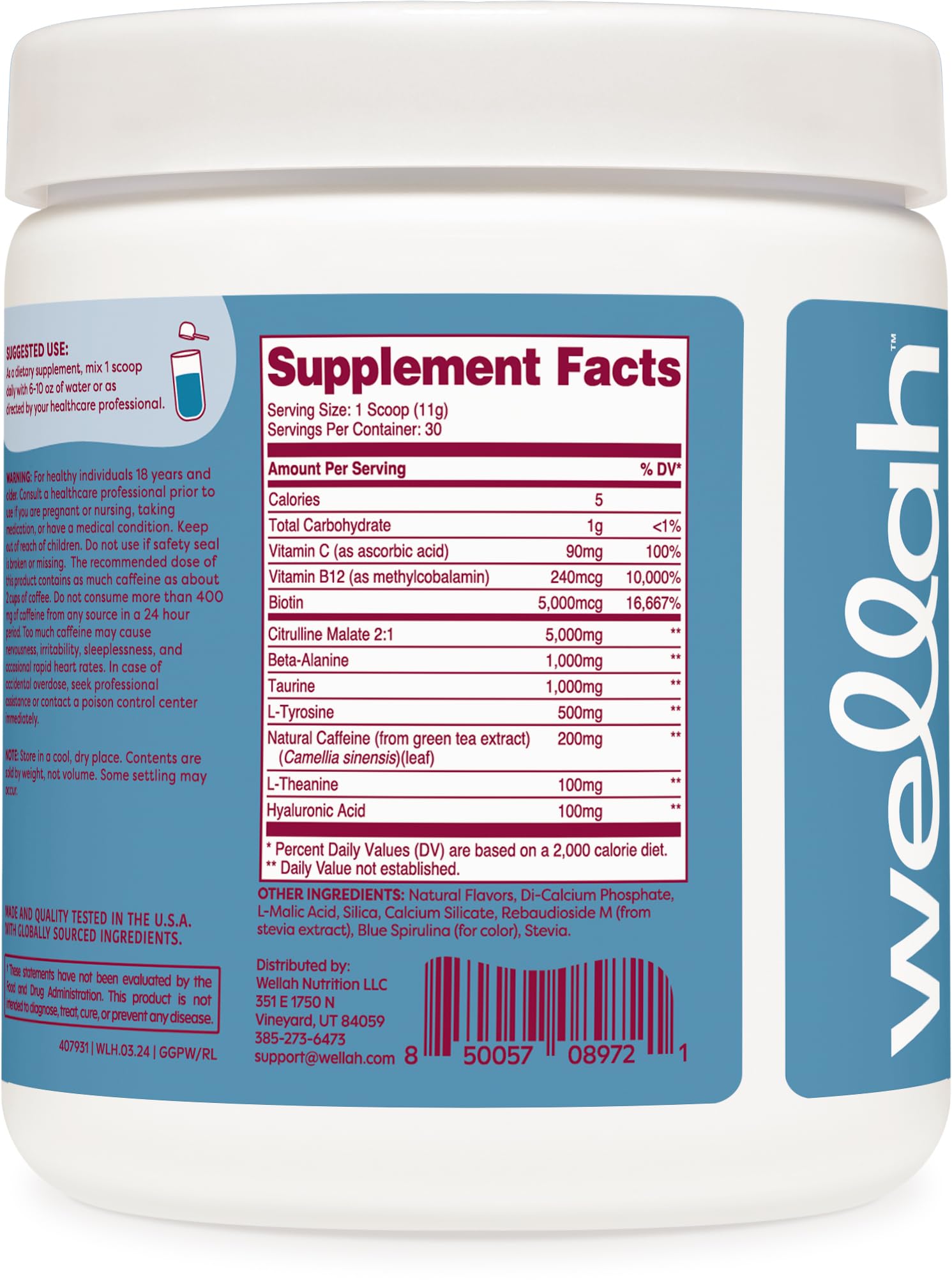 Wellah Get-Going, Citrulline Malate y L-Theanine para enfoque y rendimiento