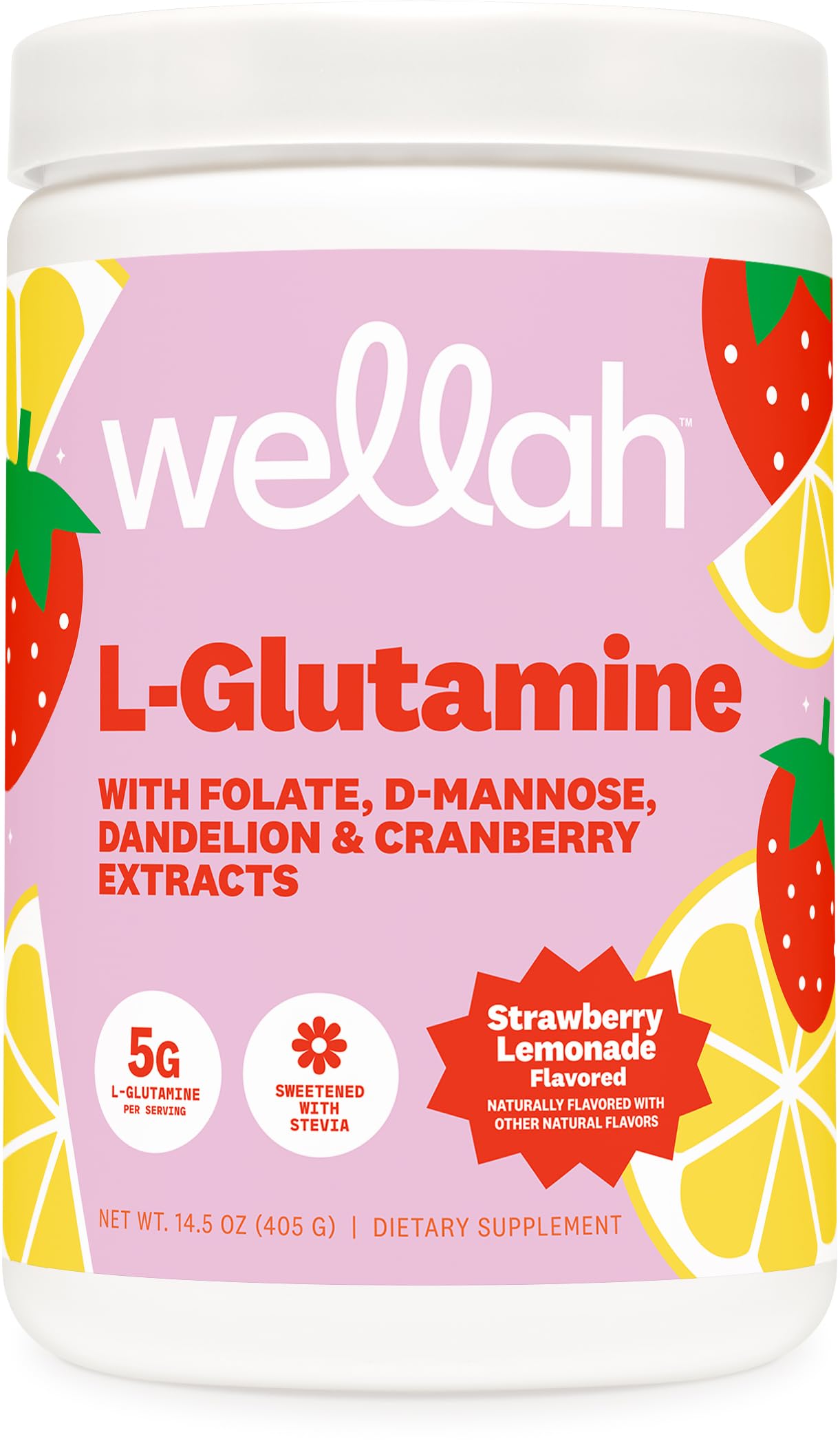 Wellah L-Glutamina, vertido sabor fresa limonada, apoyo al bienestar diario.