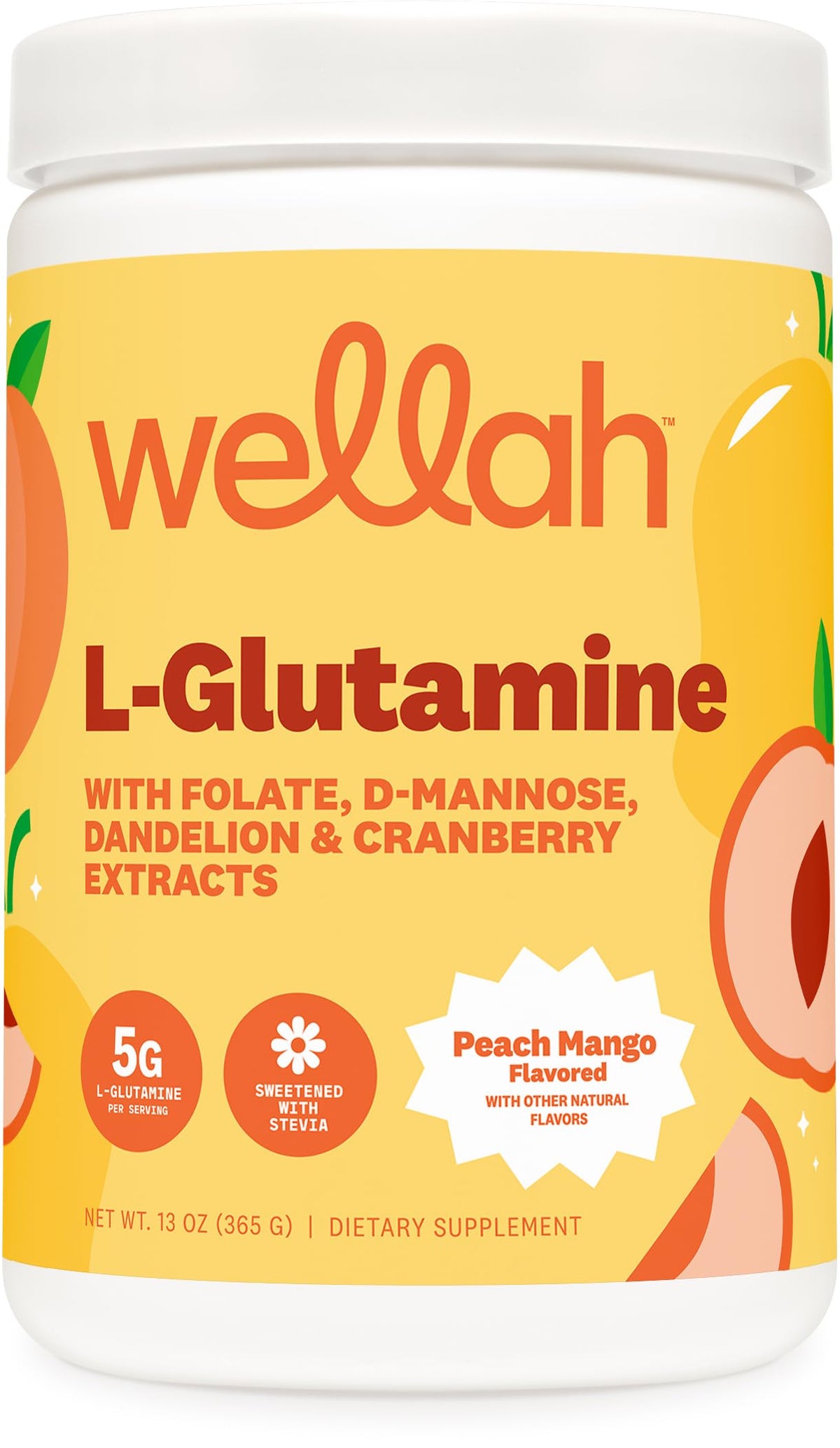 Wellah L-Glutamina Melocotón Mango en frasco; ideal para la rutina diaria.