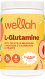 Wellah L-Glutamina Melocotón Mango en frasco; ideal para la rutina diaria.