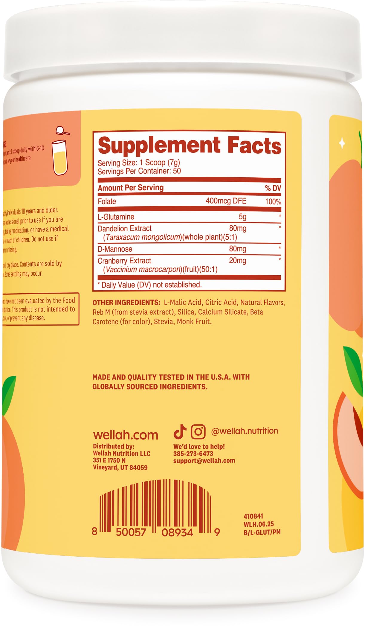 Wellah L-Glutamina Melocotón Mango etiqueta; contiene ingredientes y uso recomendado.