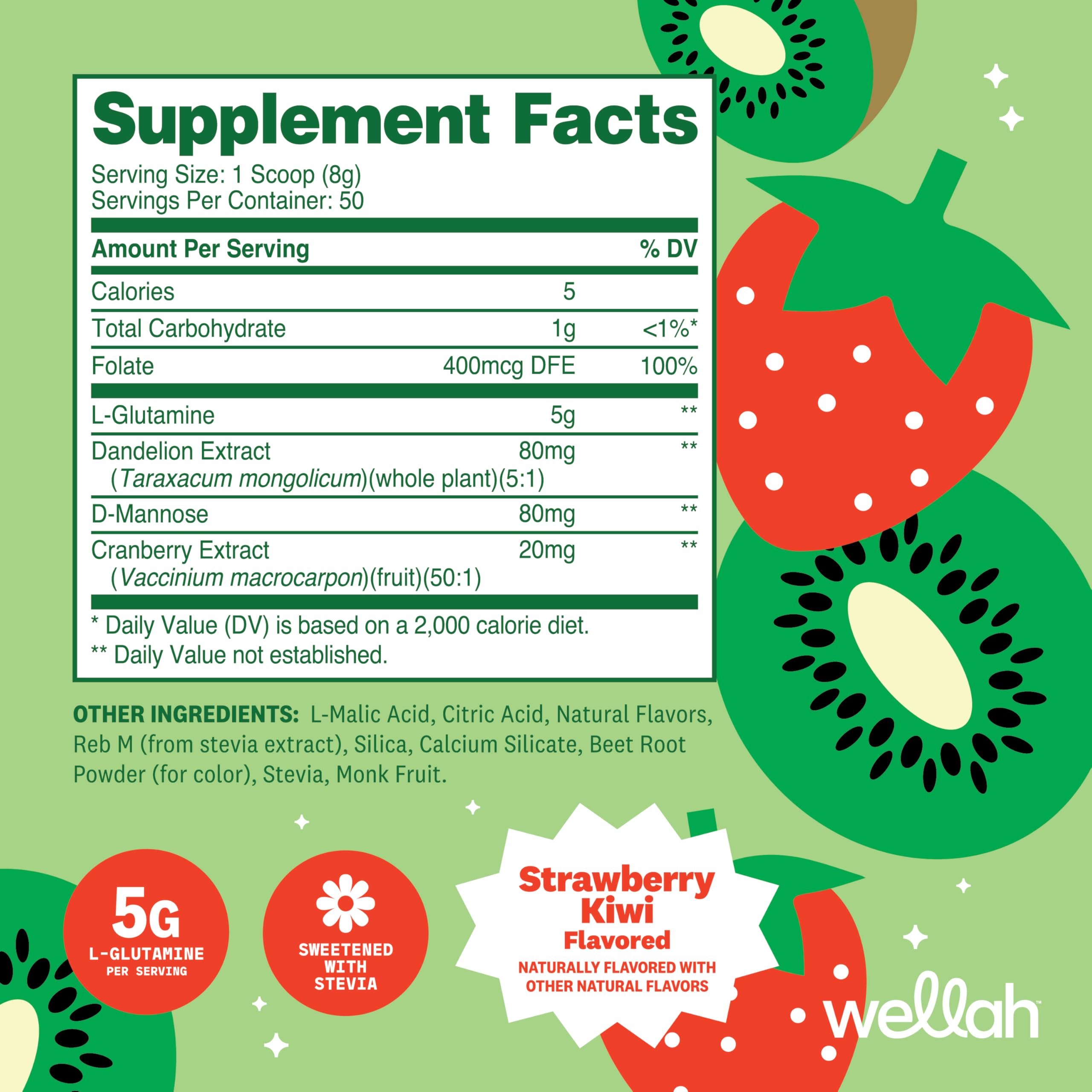 Wellah L-glutamina con sabor Fresa-Kiwi y cucharilla medidora para mezclar.