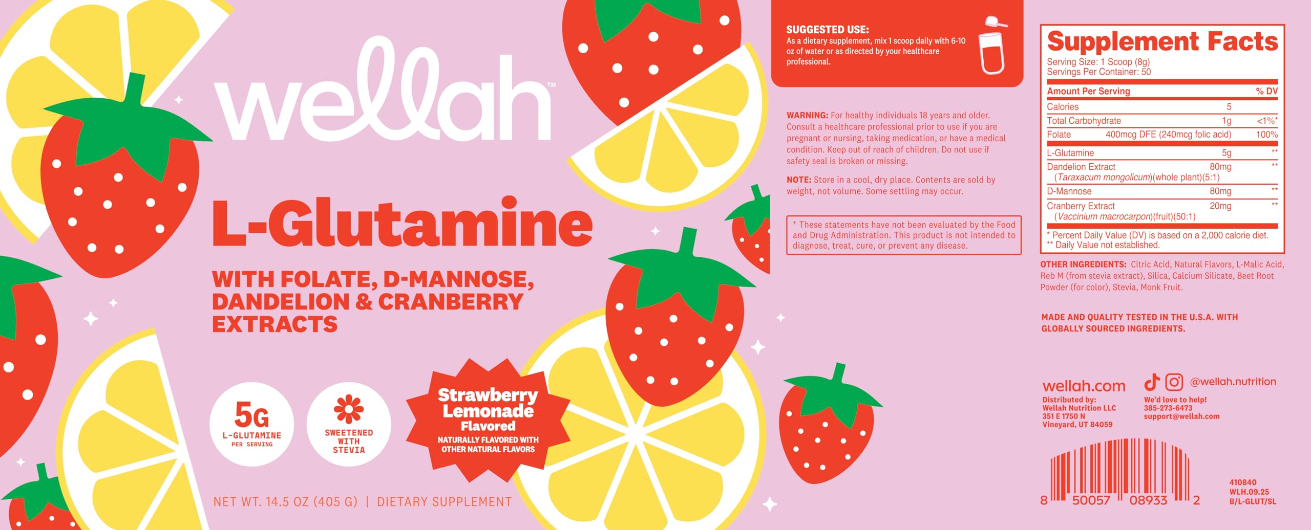 Wellah L-Glutamina, sabor fresa limonada, uso diario sencillo para tu rutina.