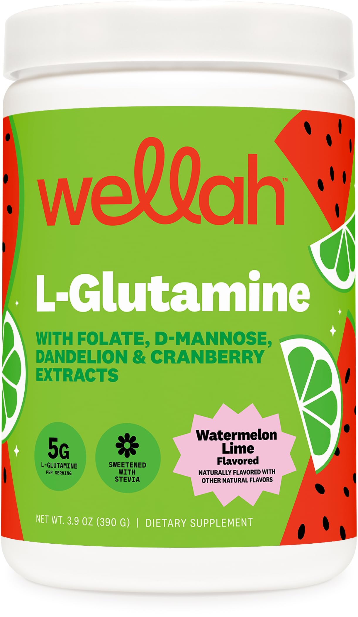 Wellah L-Glutamina Sandía-Lima, bote de 50 porciones, ideal para mezclar en agua diaria