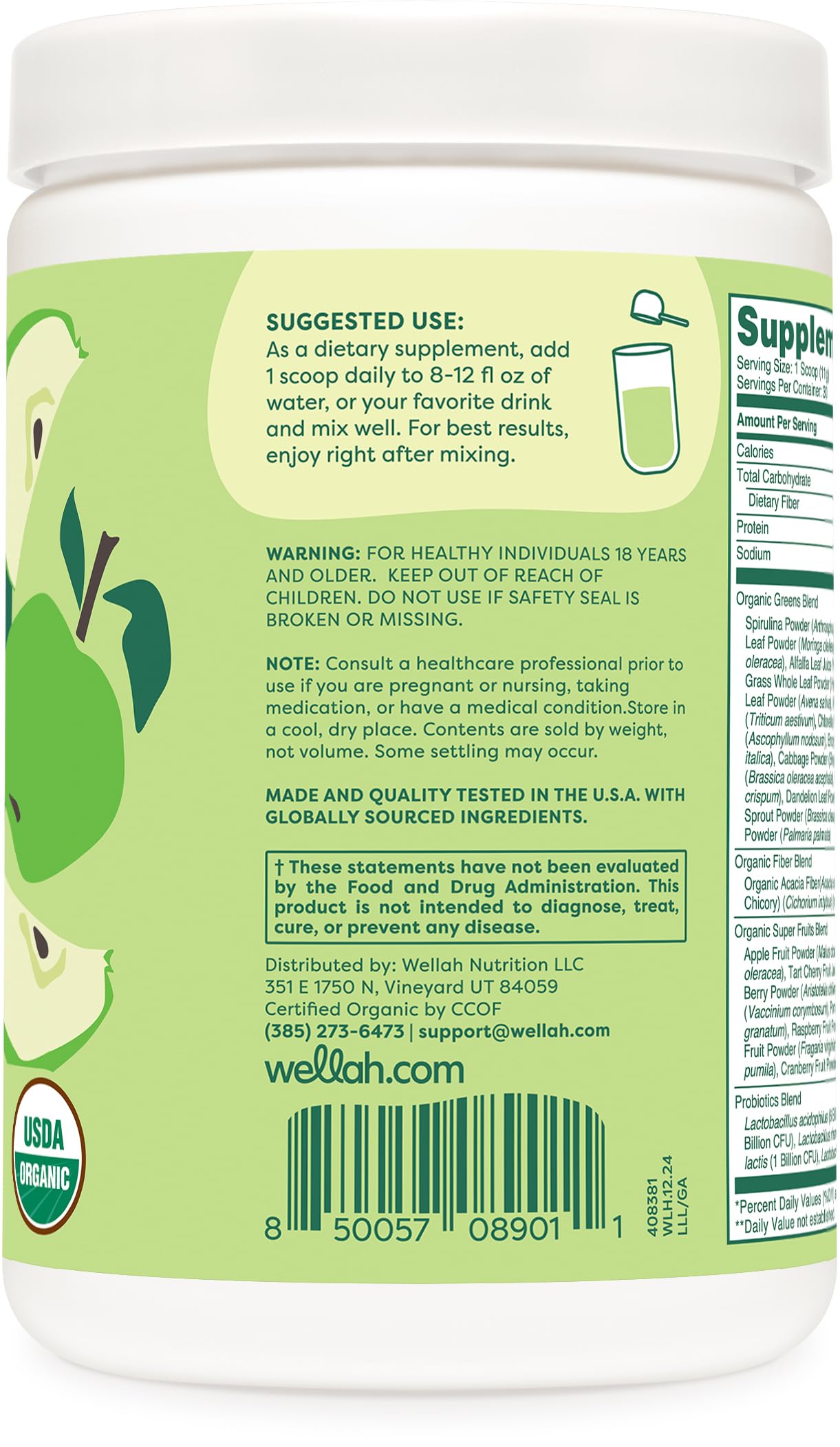 Mezcla verde de Wellah Leaf con manzana verde para un impulso nutritivo.