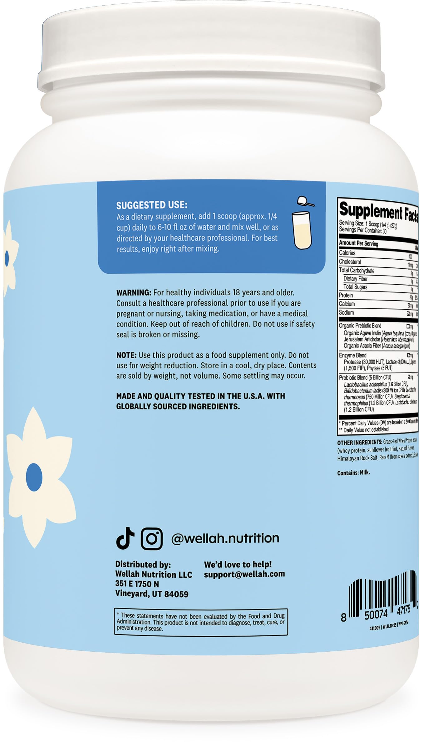 Wellah proteína de suero aislada vainilla, etiqueta clara que destaca beneficios digestivos