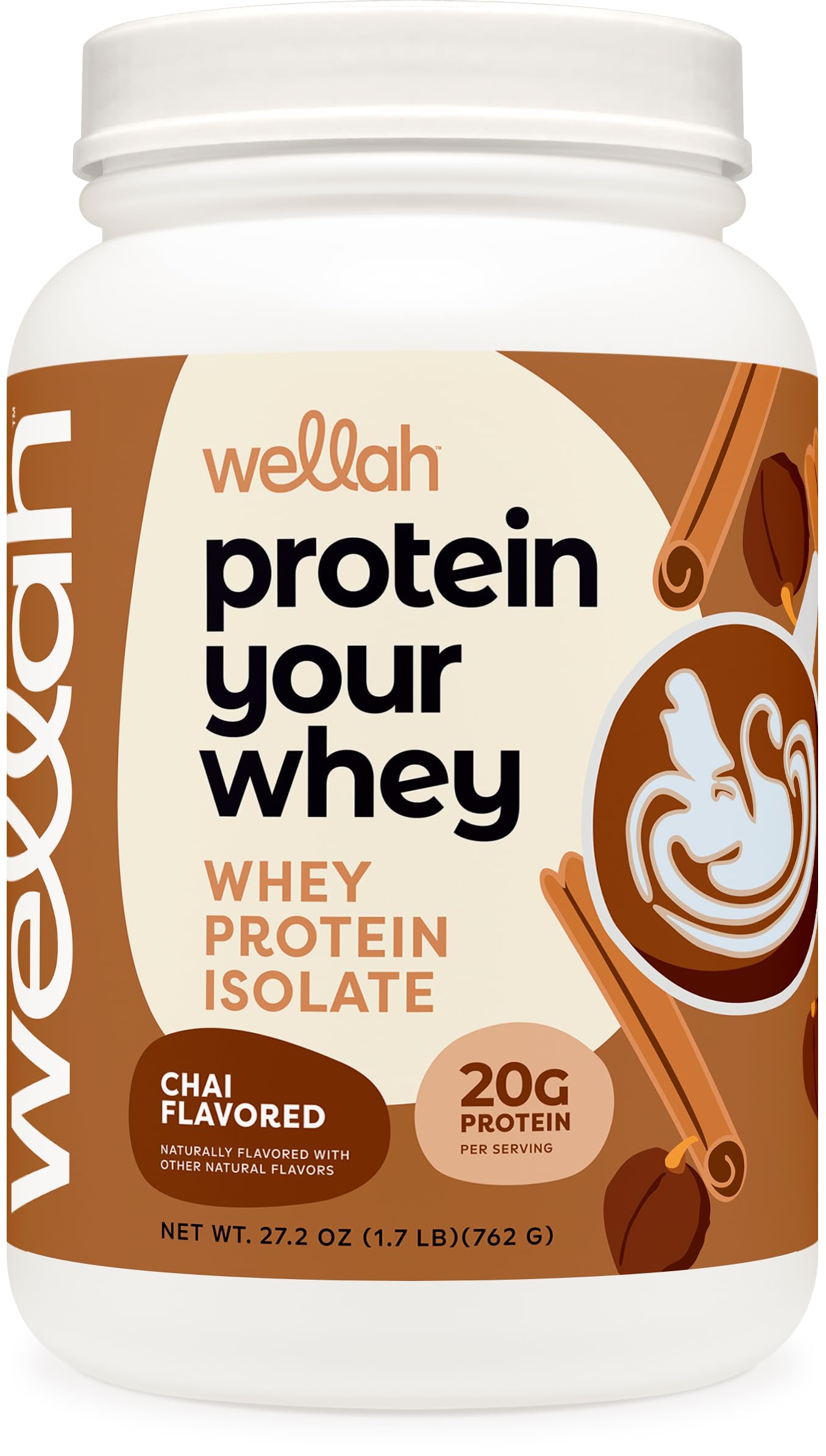 Proteína Wellah: polvo de suero aislado, sabor chai, ideal para ingesta diaria.
