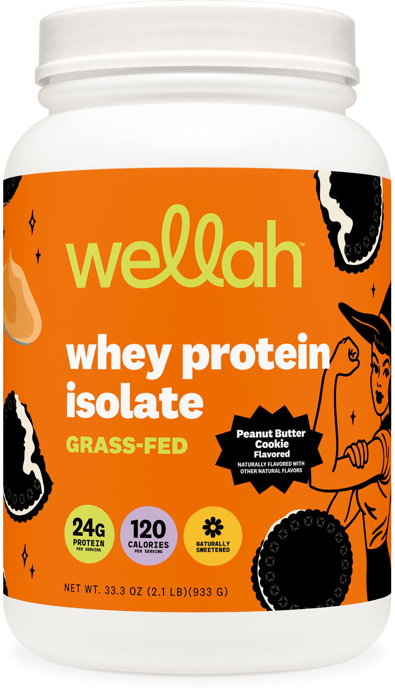 Wellah proteina whey aislada de pasto en botella con galleta mantequilla cacahuete, snack proteico.