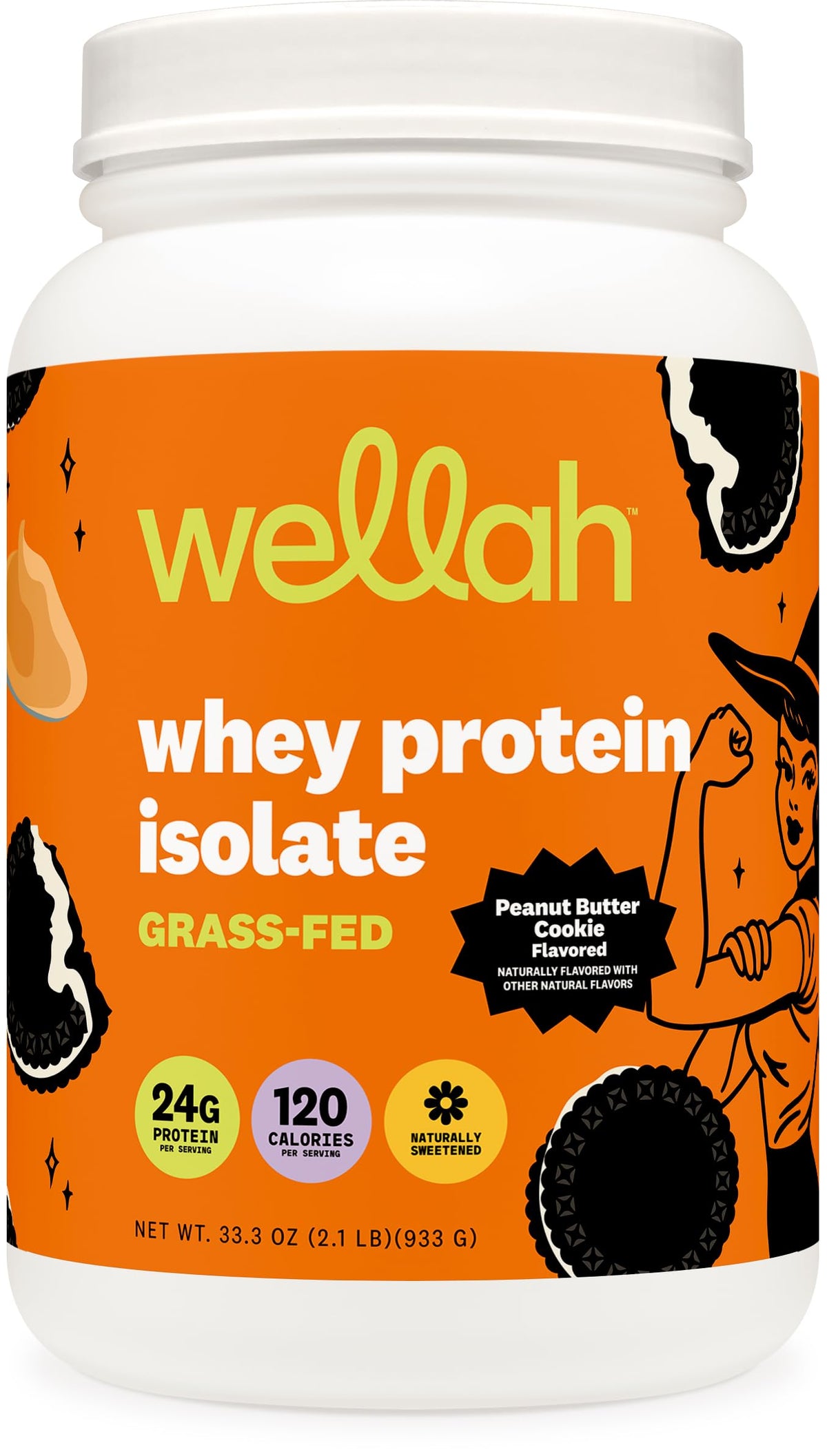 Wellah proteina whey aislada de pasto en botella con galleta mantequilla cacahuete, snack proteico.