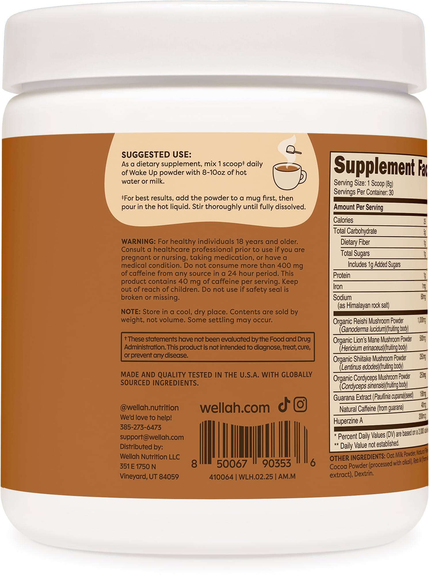 Etiqueta nutricional clara de Wellah Wake Up para ingredientes