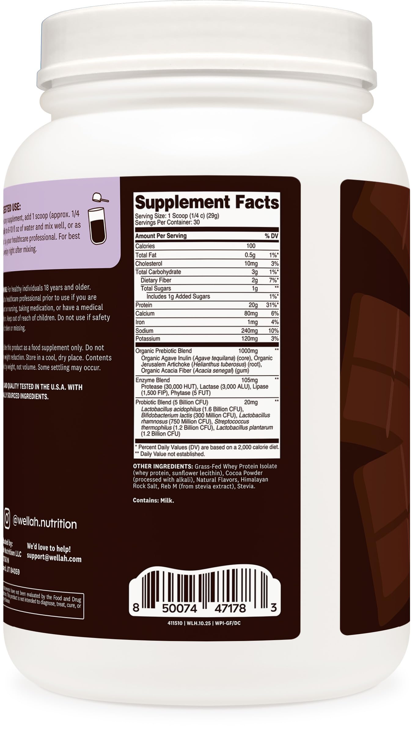 Wellah Whey Isolate Chocolate Oscuro – envase para almacenamiento seguro
