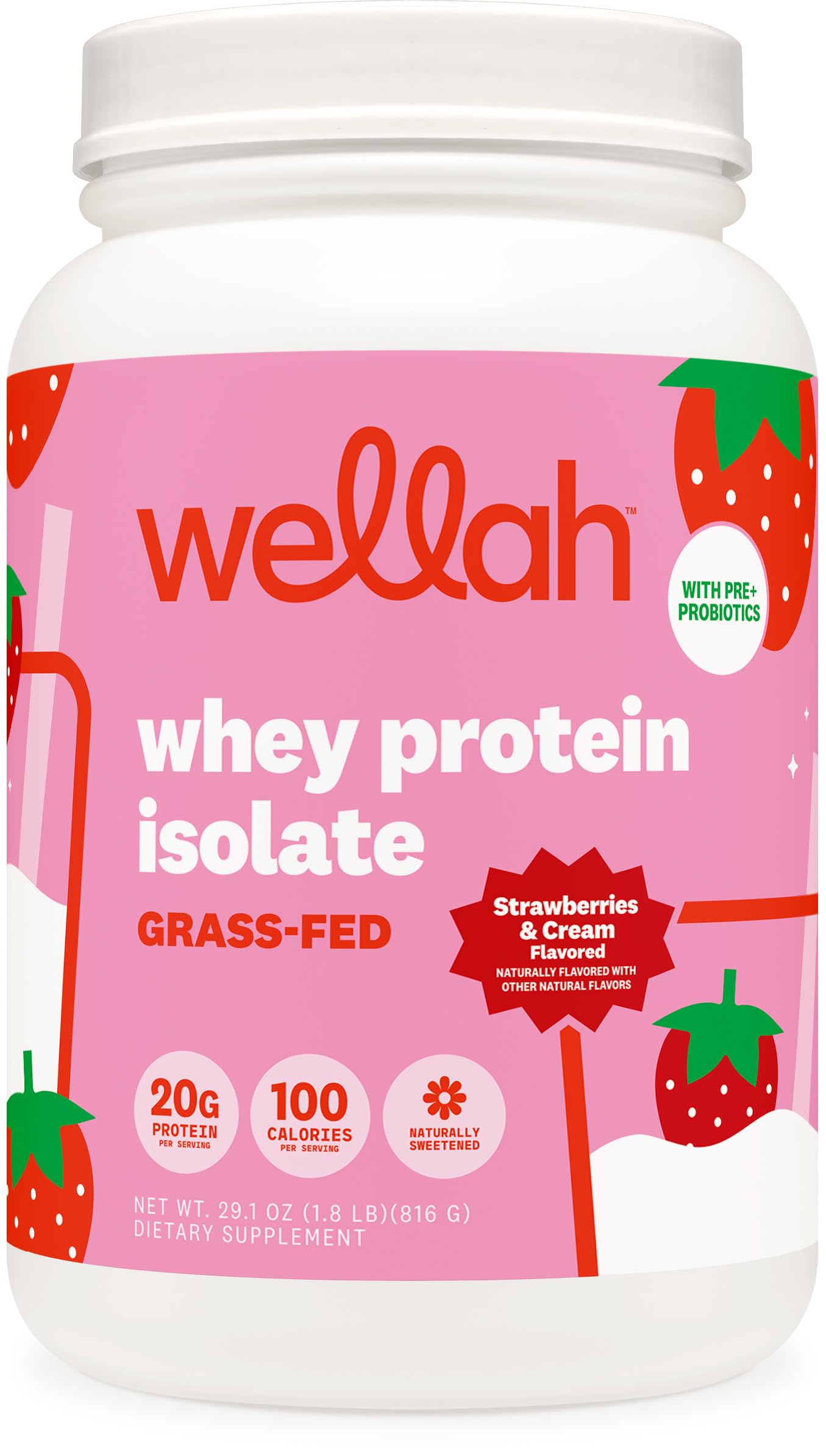 Wellah Whey Protein Isolate sabor fresa crema, ideal para batidos cremosos.