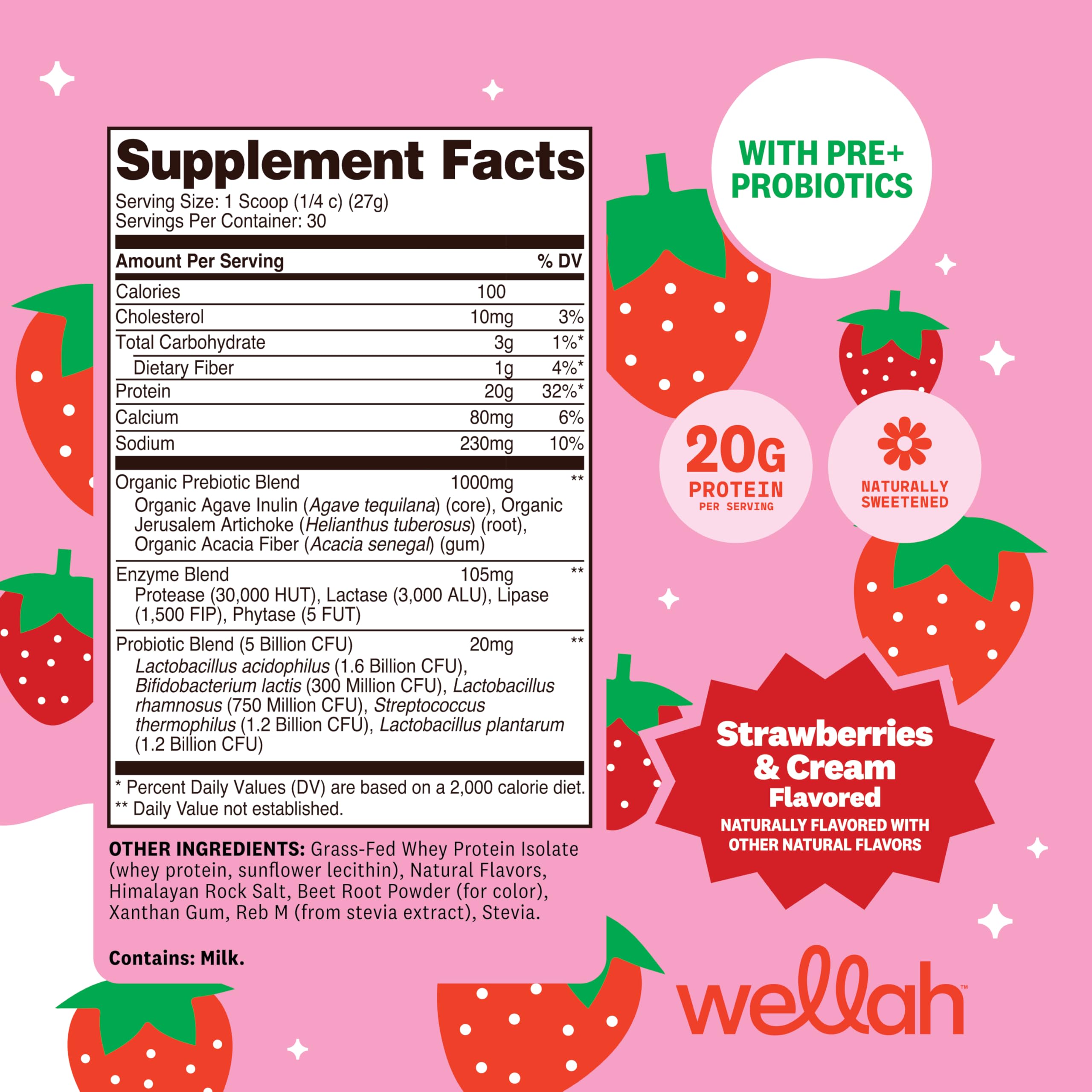 Wellah Whey Protein Isolate con prebióticos y probióticos para digestión saludable.