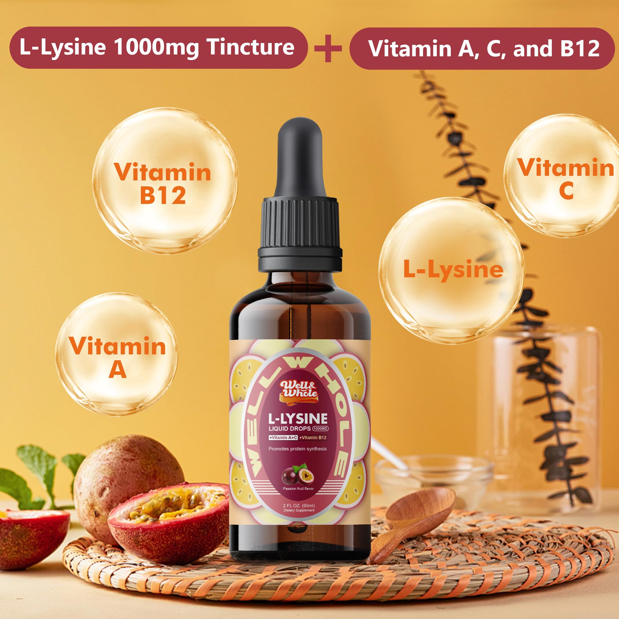 Etiqueta frontal de Well&Whole L-Lisina destaca vitaminas A, C y B12.