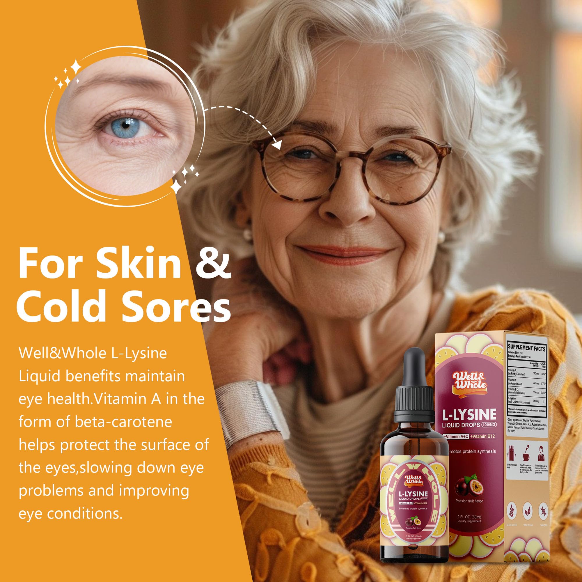 Presentación de 60 ml de Well&Whole L-Lisina, conveniente para la rutina.