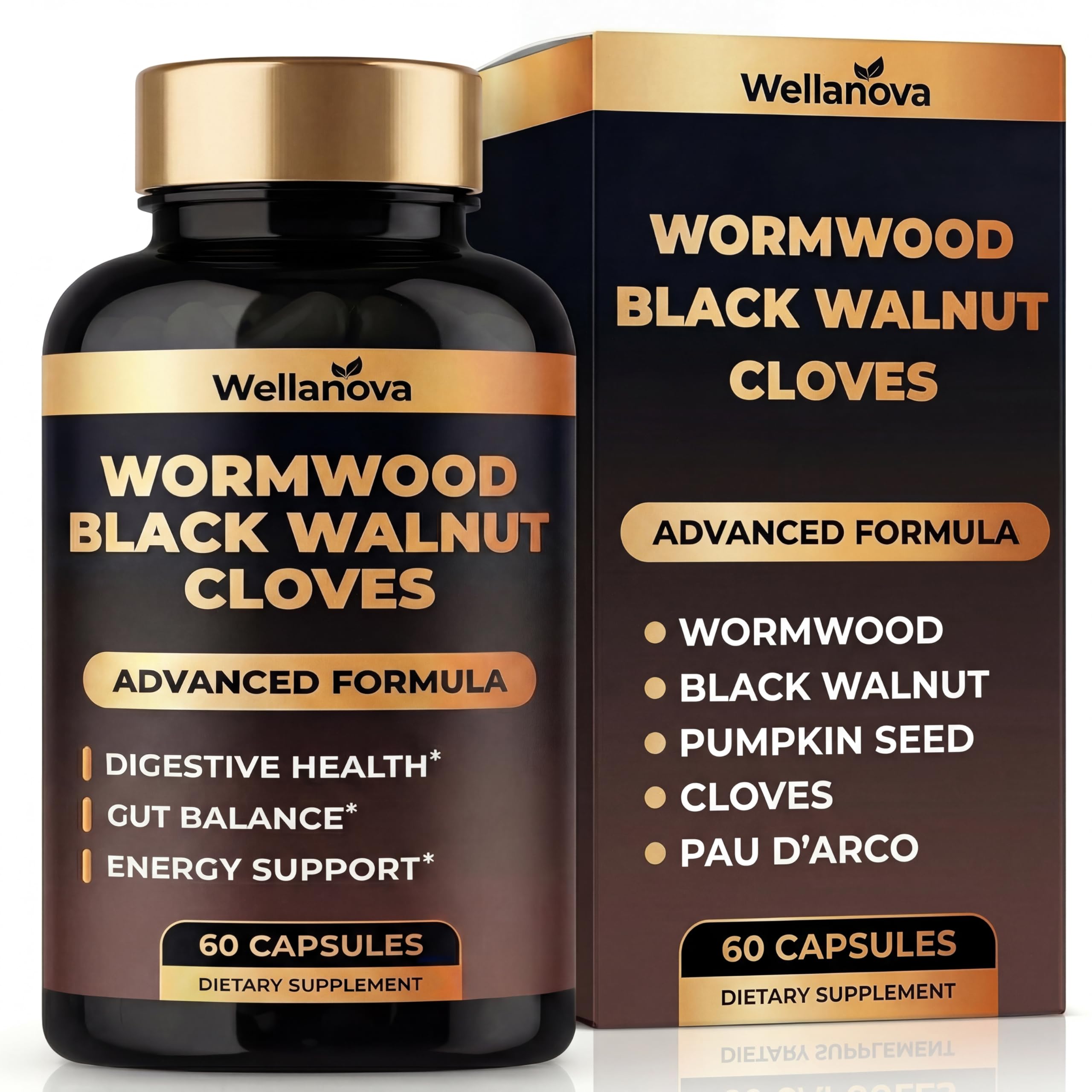 Wellanova cápsulas de artemisa, nogal negro y clavo para apoyo digestivo diario.