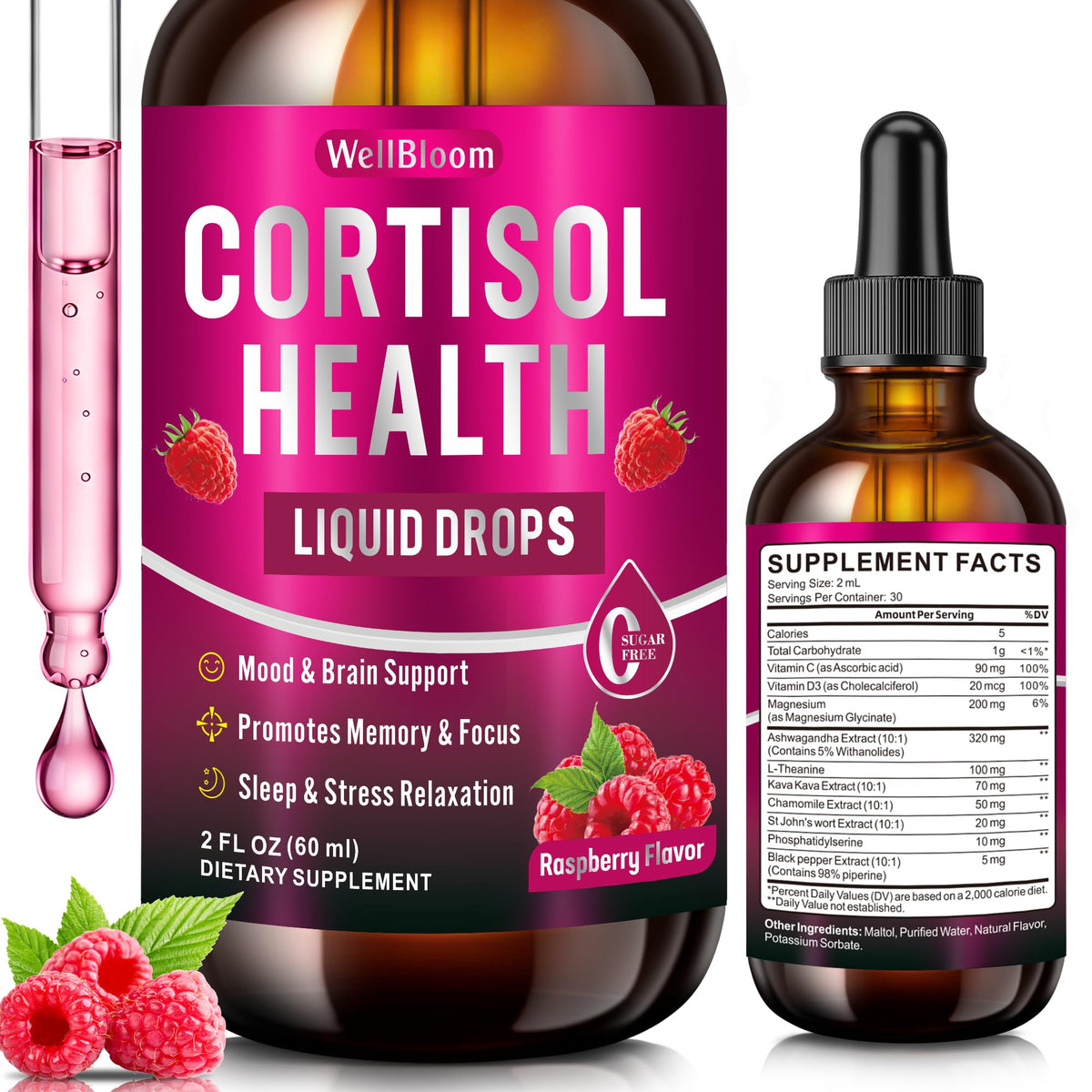 WellBloom Cortisol Reducer: gota de frambuesa para relajación rápida