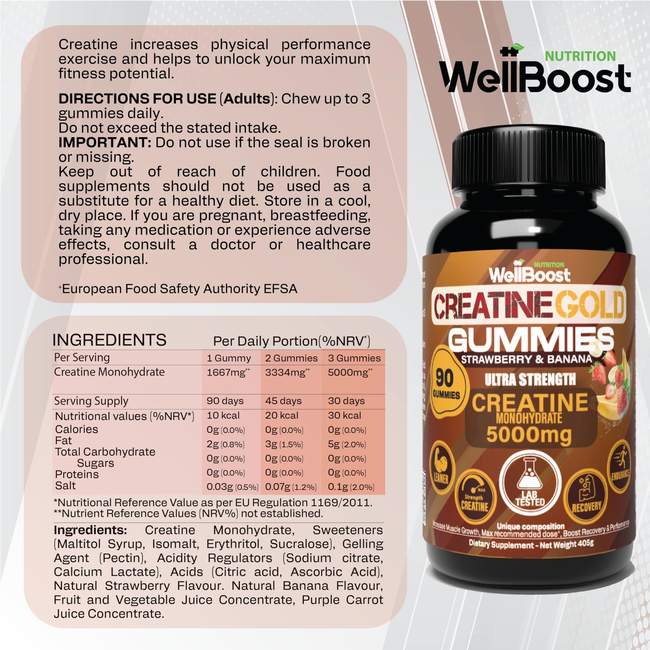 Empaque compacto de WellBoost Creatine Gold para llevar a entrenamientos
