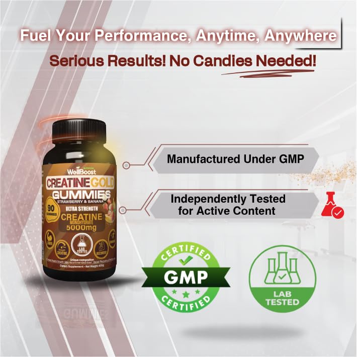 Primer plano de WellBoost Creatine Gold con sabor fresa-plátano